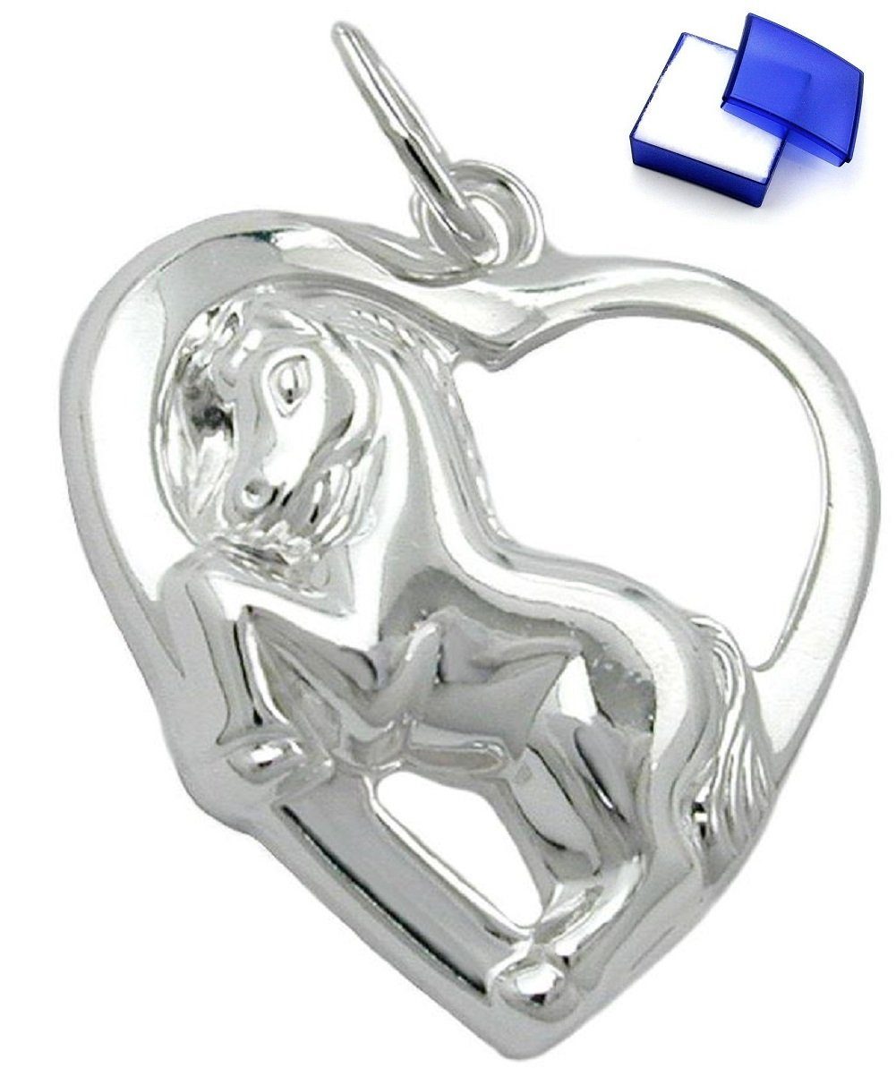 unbespielt Herzanhänger Kettenanhänger Anhänger Herz mit Pferd glänzend 925 Silber 14 x 13 mm inkl. kleiner Schmuckbox, Silberschmuck für Kinder