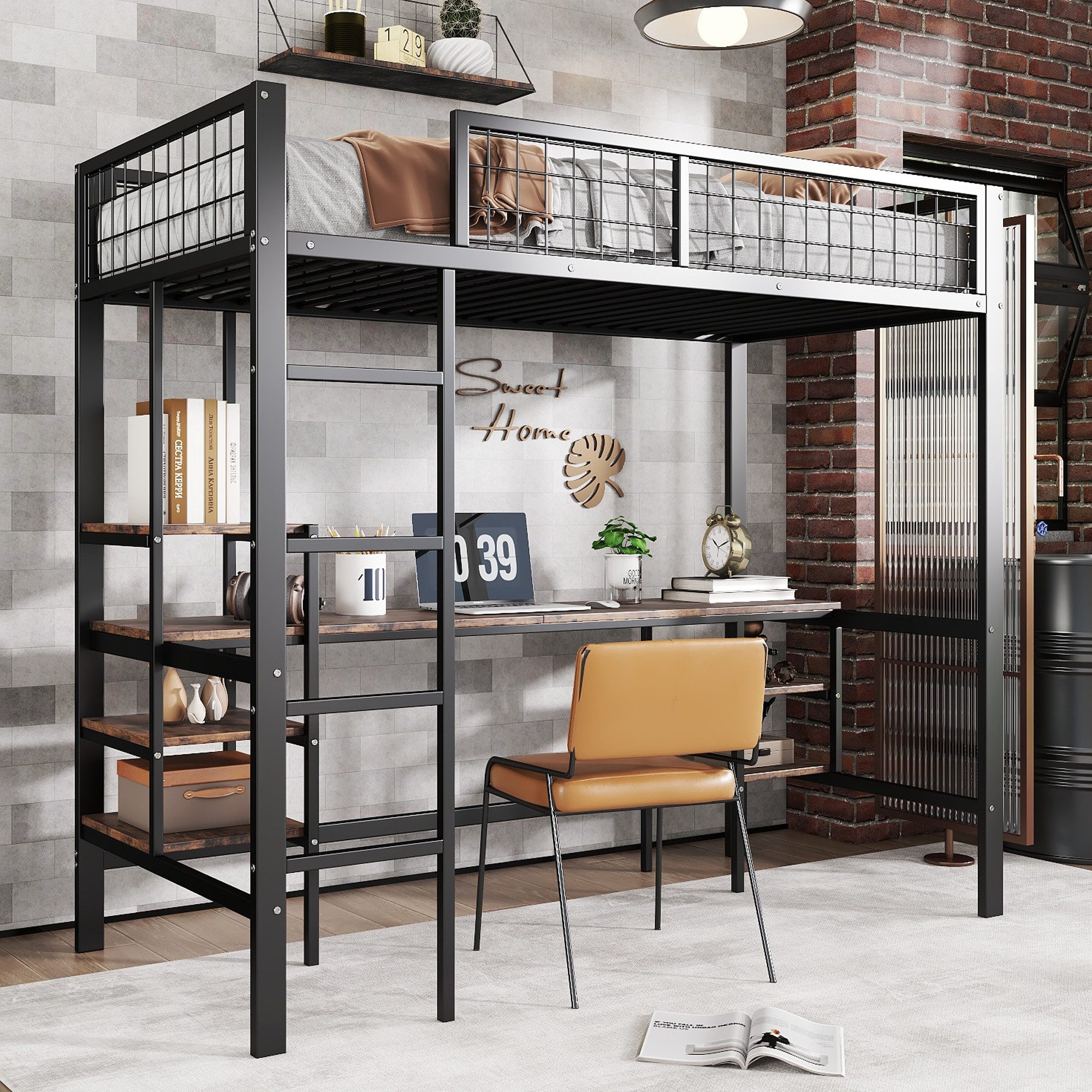 Merax Hochbett (1-St) Eisen Etagenbett 90x200cm mit Schreibtisch, Regal & 4 günstig online kaufen