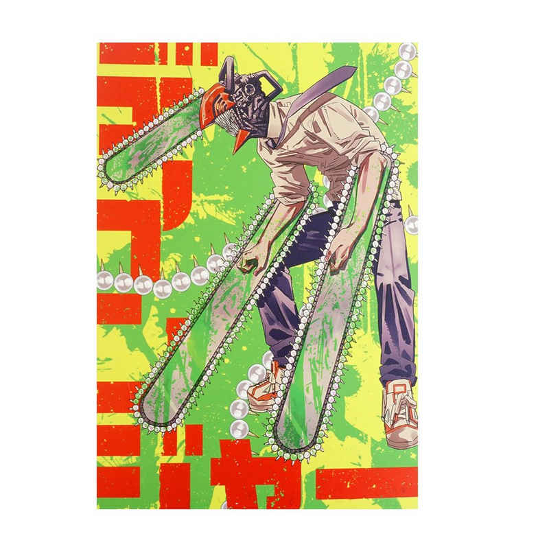 GalaxyCat Poster Hochwertiges Chainsaw Man Wandbild mit Denji, Kettensägenteufel auf, Denji als Chainsaw Devil, Japanische Schrift, Katakana, Pop Art Stil auf Hartschaumplatte