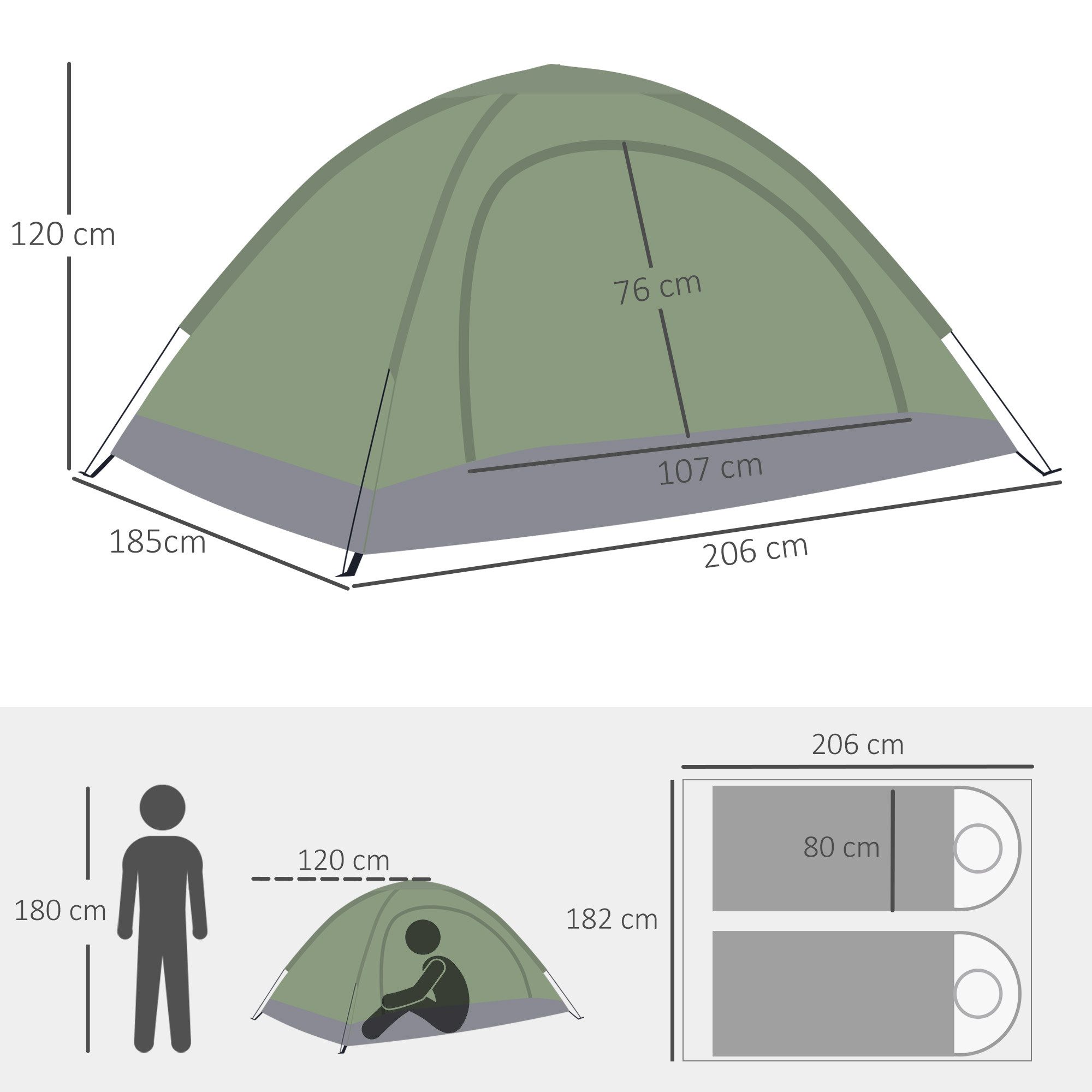 Outsunny Kuppelzelt mit Tür&Fenster, Packtasche, Haken, Personen: 2 (Campingzelt für 2 Personen, 1 tlg., Gruppenzelt), für Camping Reise Trekking Garten