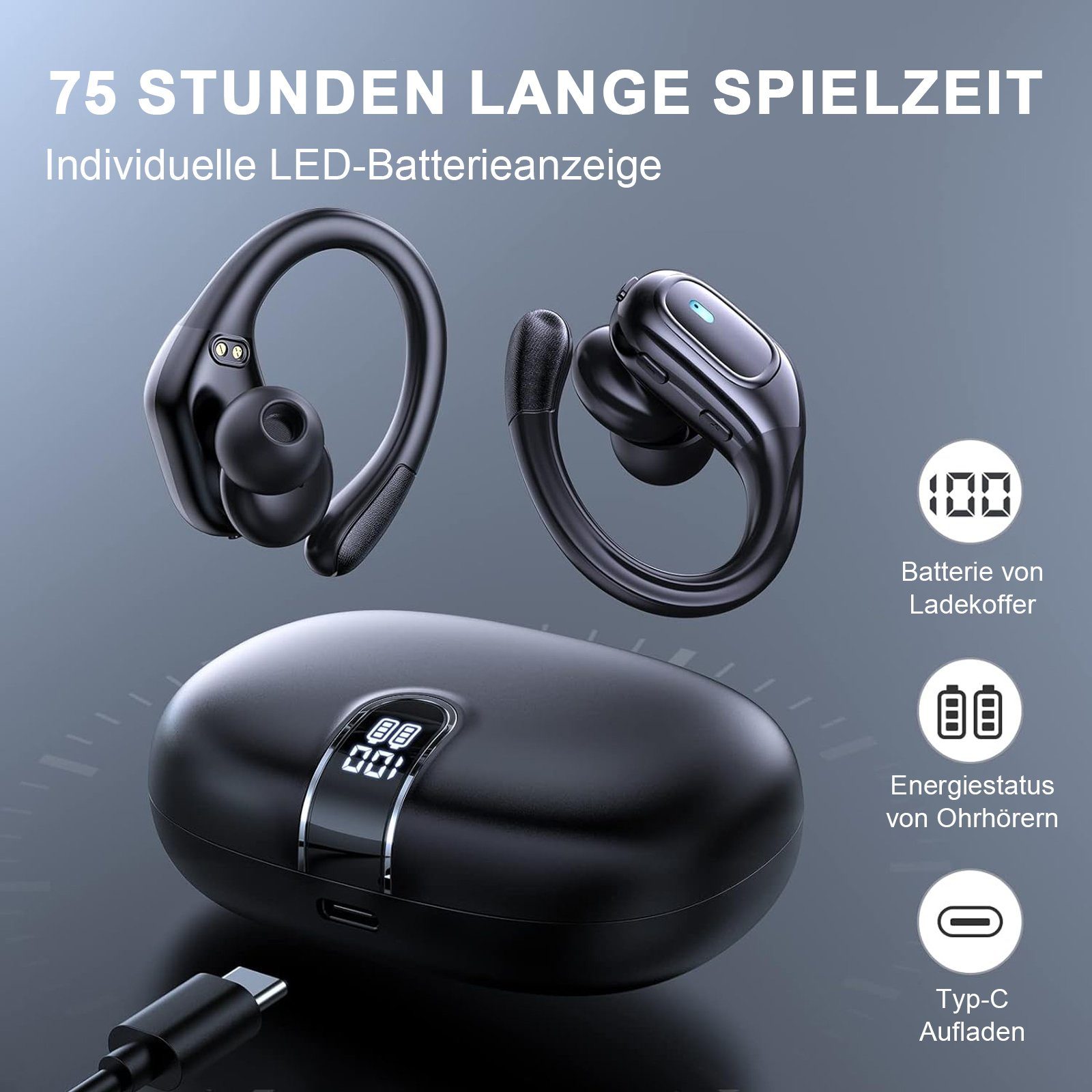 OKWISH Wireless Kopfhörer Sport Earbuds In Ear Kopfhörer Stereo Bluetooth-Kopfhörer (Lärmreduzierung, Bluetooth 5.3, Sport On Ear KopfhörerWasserdicht Ladeetui mit LED Anzeige Kabellos)