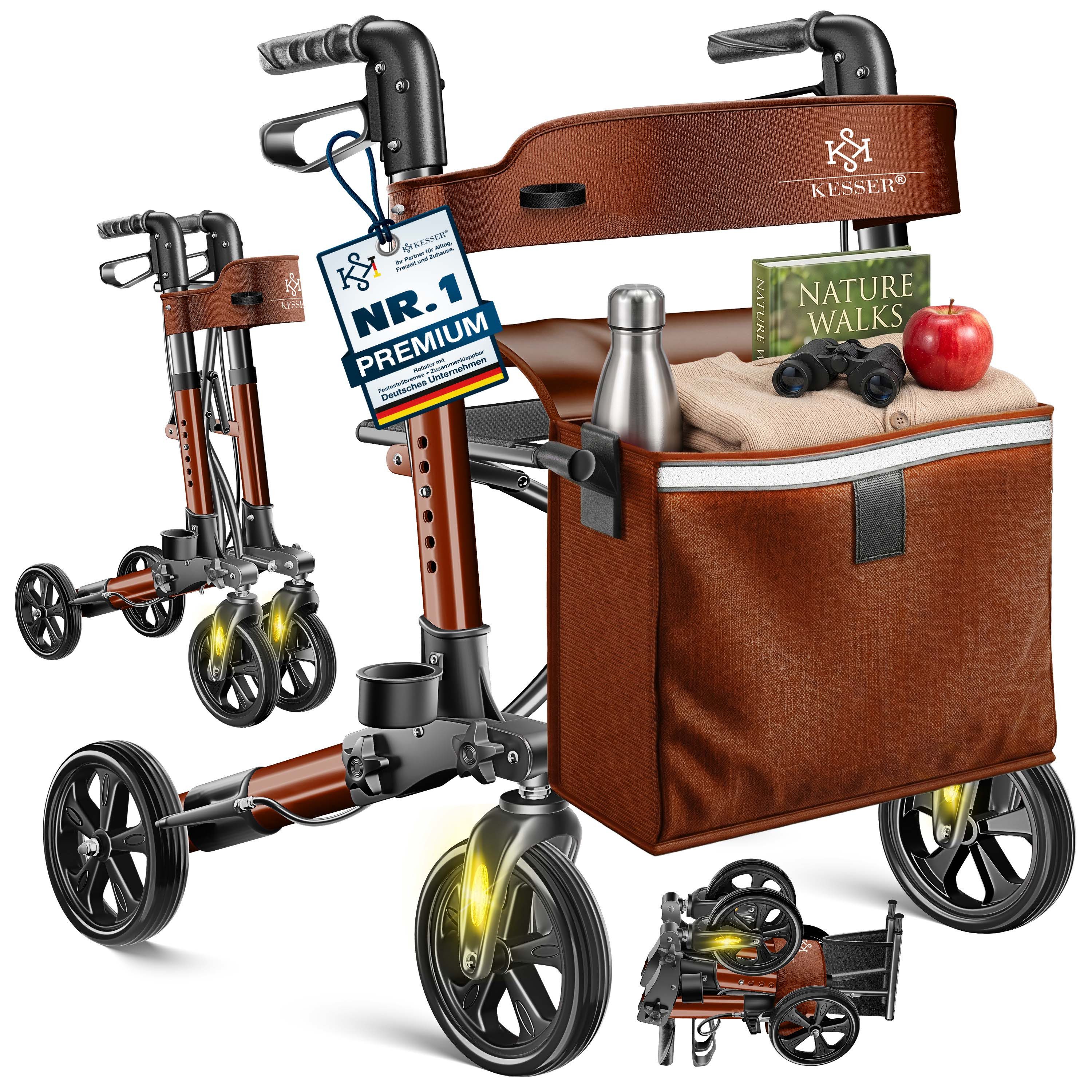 KESSER Rollator Aluminium – faltbar, höhenverstellbar & bis 136 kg belastbar, wetterbeständig, Tasche, Stockhalter, Reflektoren, 360° Gelände Reifen