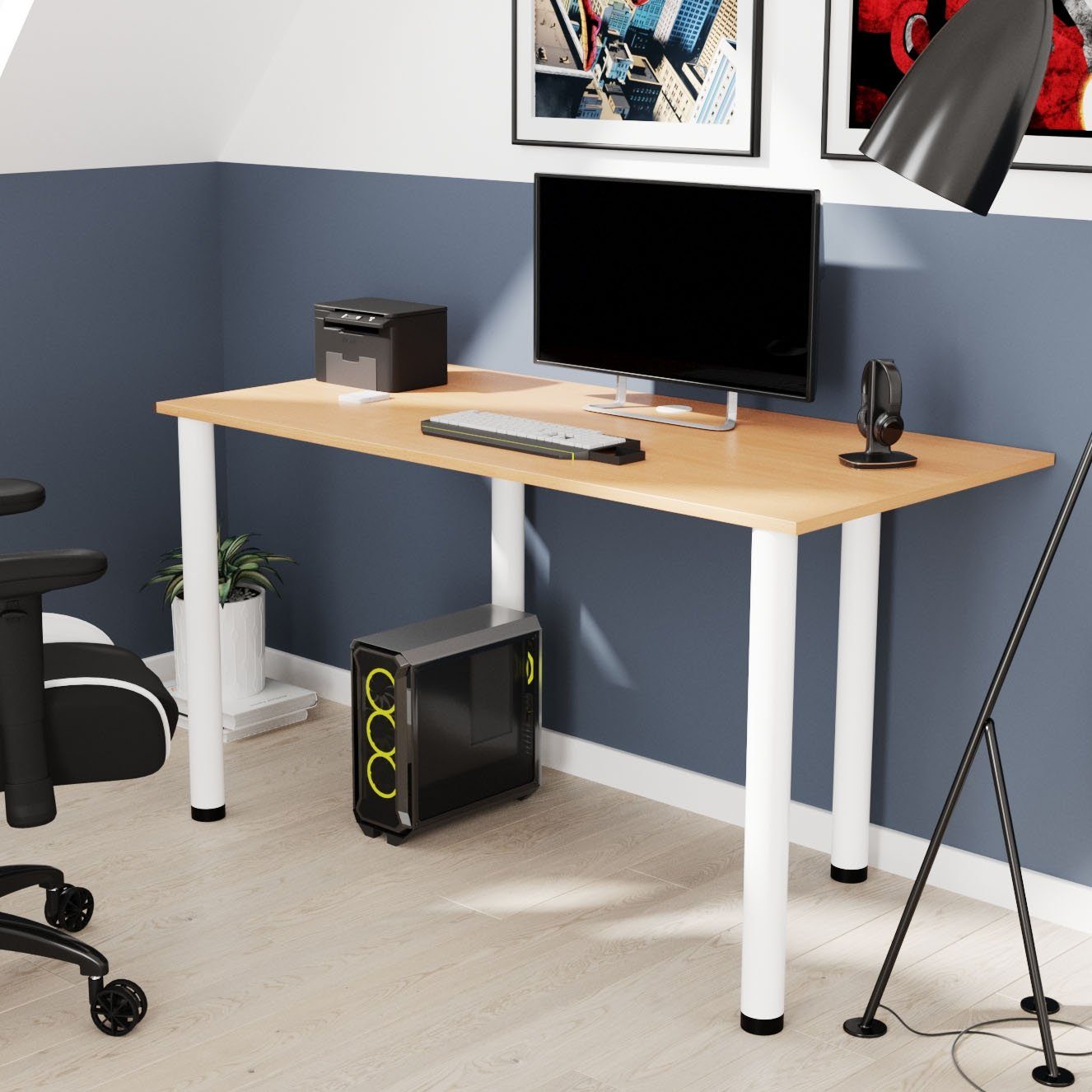 AKKE Schreibtisch, Schreibtisch mit Kabeldurchführung und weißen Beinen 2mm PVC Bayerische Buche | Schreibtische