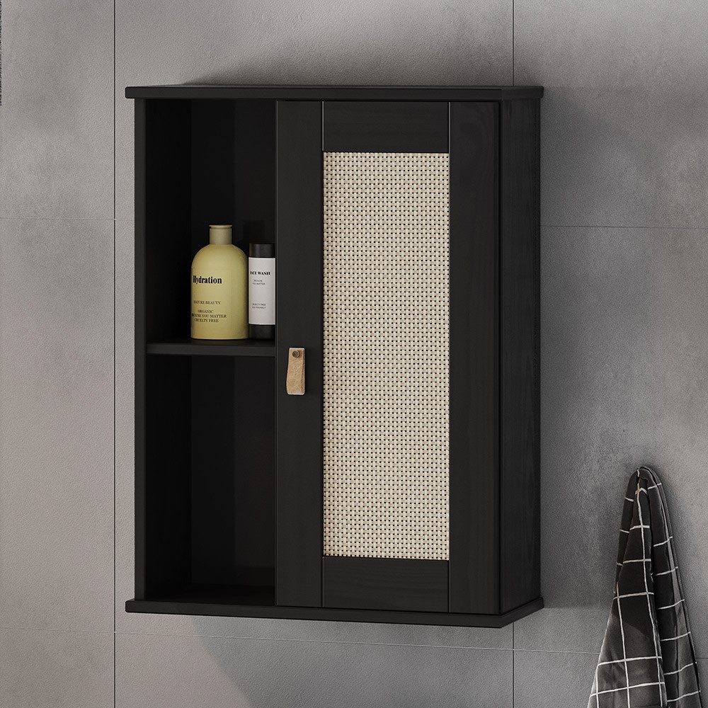 Lomadox Hängeschrank WATFORD-69 Badezimmerschrank, Kiefer massiv schwarz, Rattaneinsatz, Boho-Chic