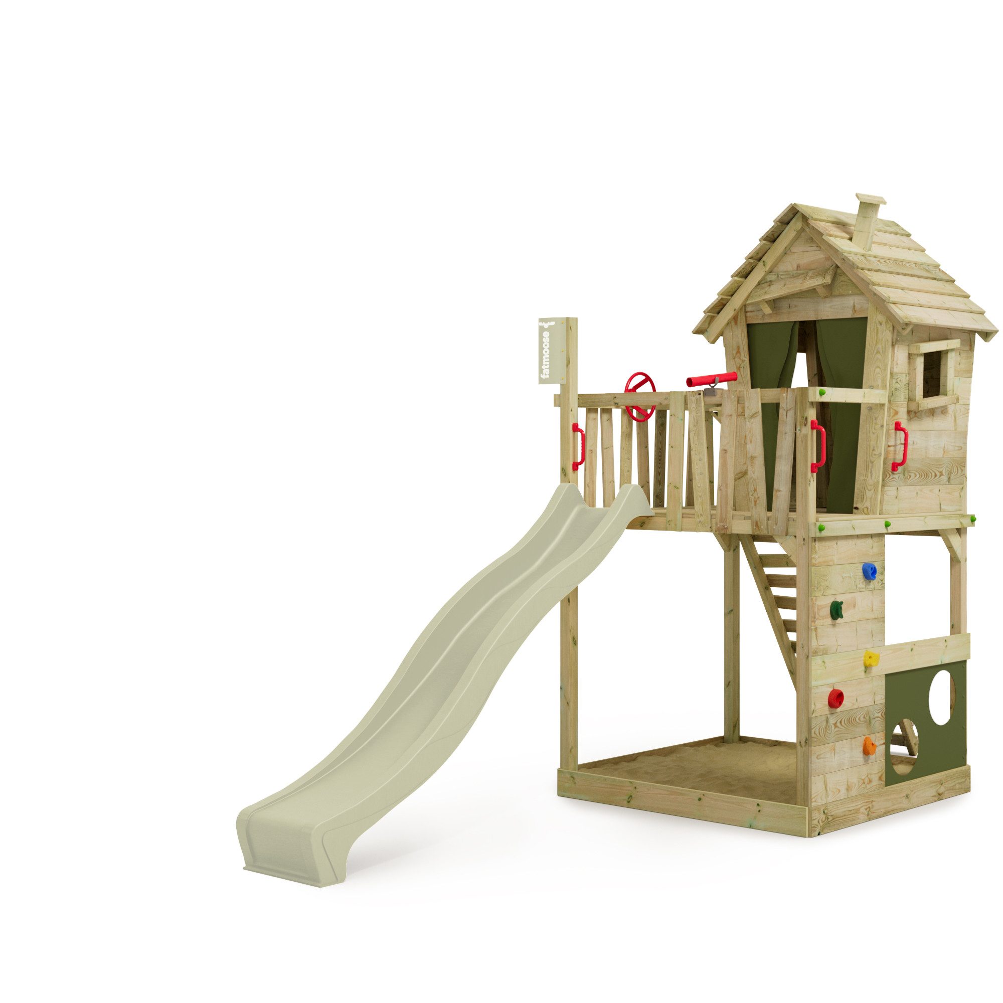 FATMOOSE Klettergerüst HappyHome Hot XXL Holzspielturm mit Spielhaus, Ladentheke und Teleskop, (Spielhaus mit Sport-Arena, Gartenspielgerät mit Kletterwand und Sandkasten), extrem witterungsbeständig mit 10 Jahren Garantie*