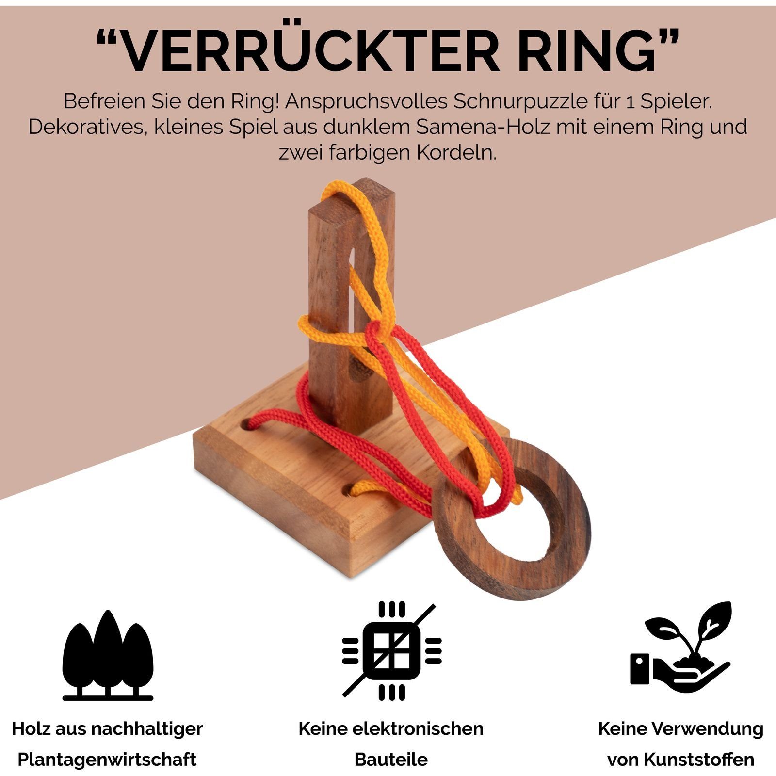 Der Gefangene Ring - Knobelspiel Aus Holz Mit Bunter Schnur