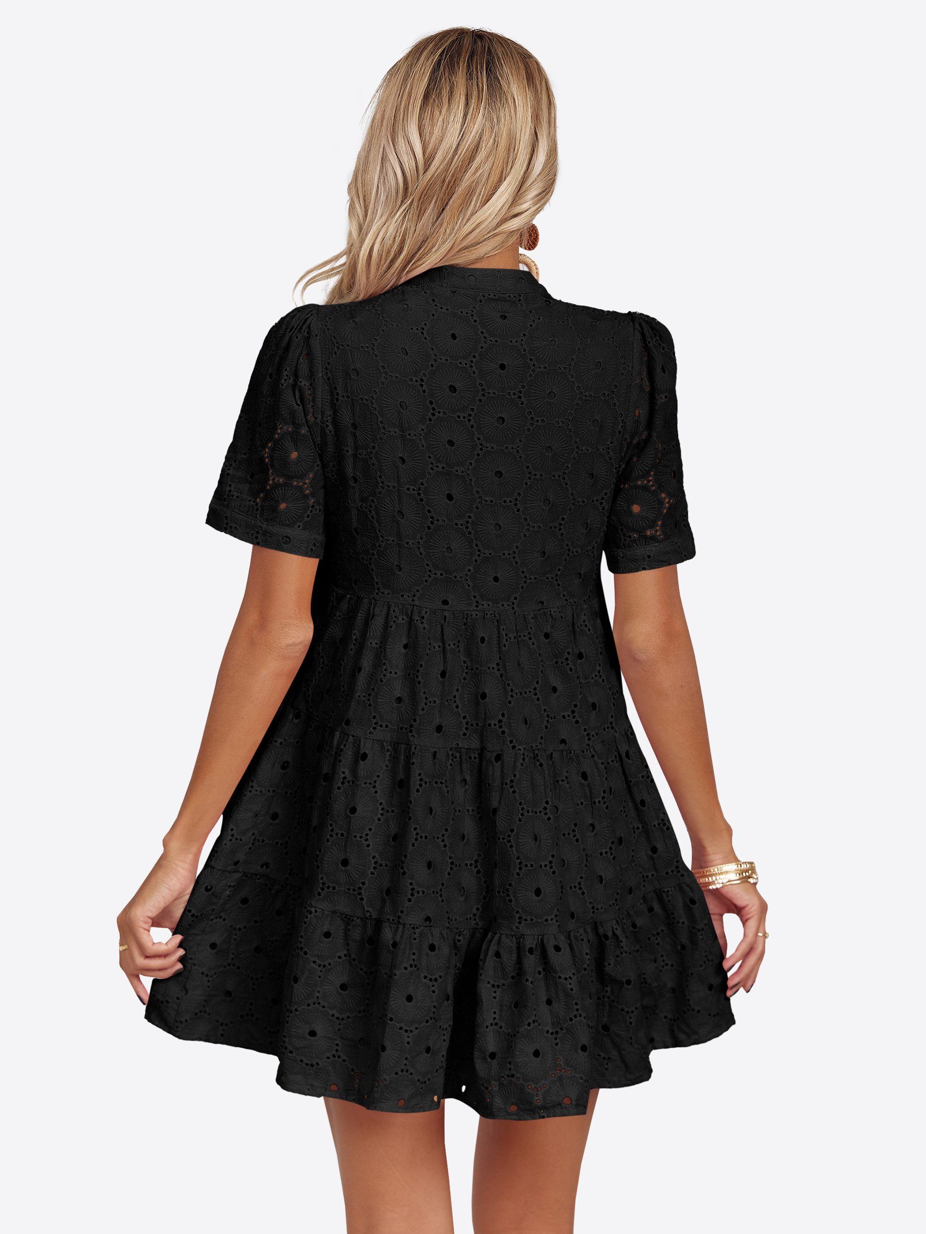 Imily Bela Spitzenkleid Damen Lochstickerei Freizeitkleid mit Puffärmeln (Packung, 1-tlg., 1per-Pack) mit V-Ausschnitt