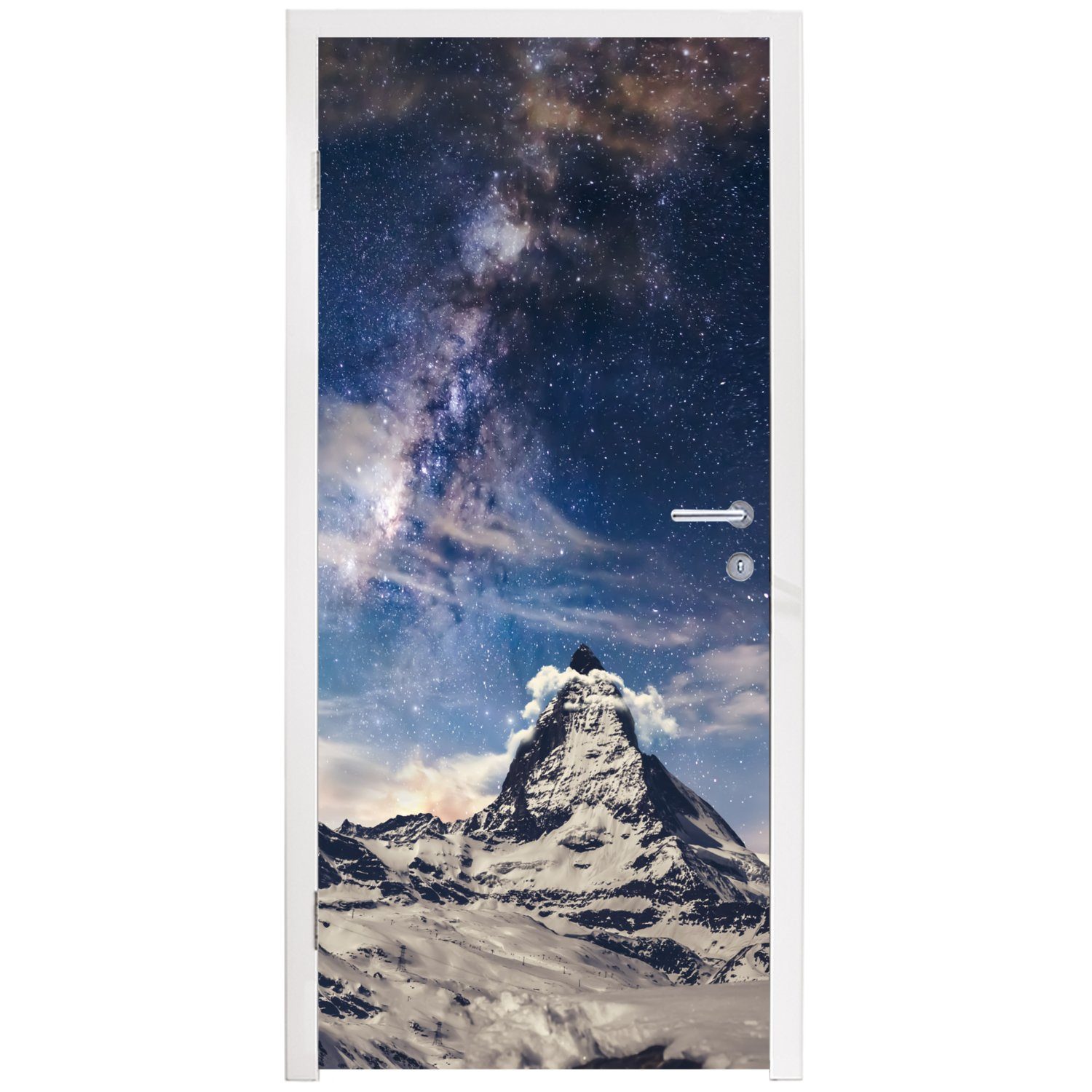 bedruckt, Matterhorn (1 und Türaufkleber, Tür, Schweiz, Fototapete Zermatt Sternenhimmel bei St), cm Türtapete für Matt, 75x205 MuchoWow