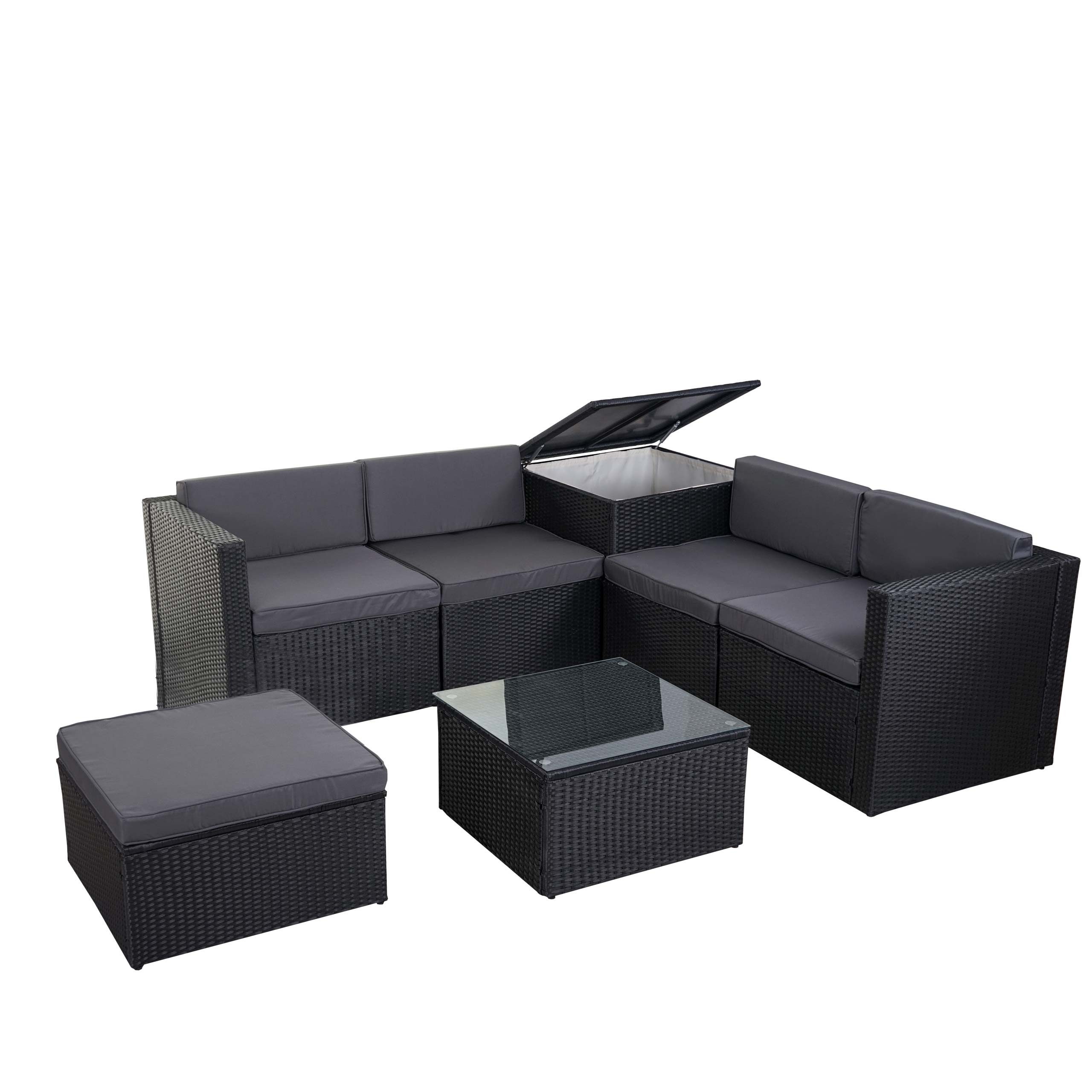 PROREGAL® Gartenlounge-Set Poly-Rattan-Garnitur Balkon-Set Staufach Anthrazit Kissen Dunkelgrau