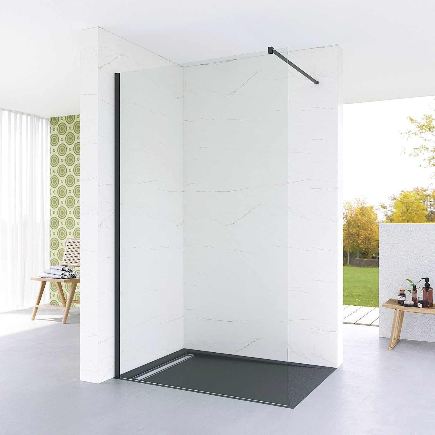 Duschwand Glas Duschwand mit Haltestange für Walk in Dusche Schwarz Wandprofil