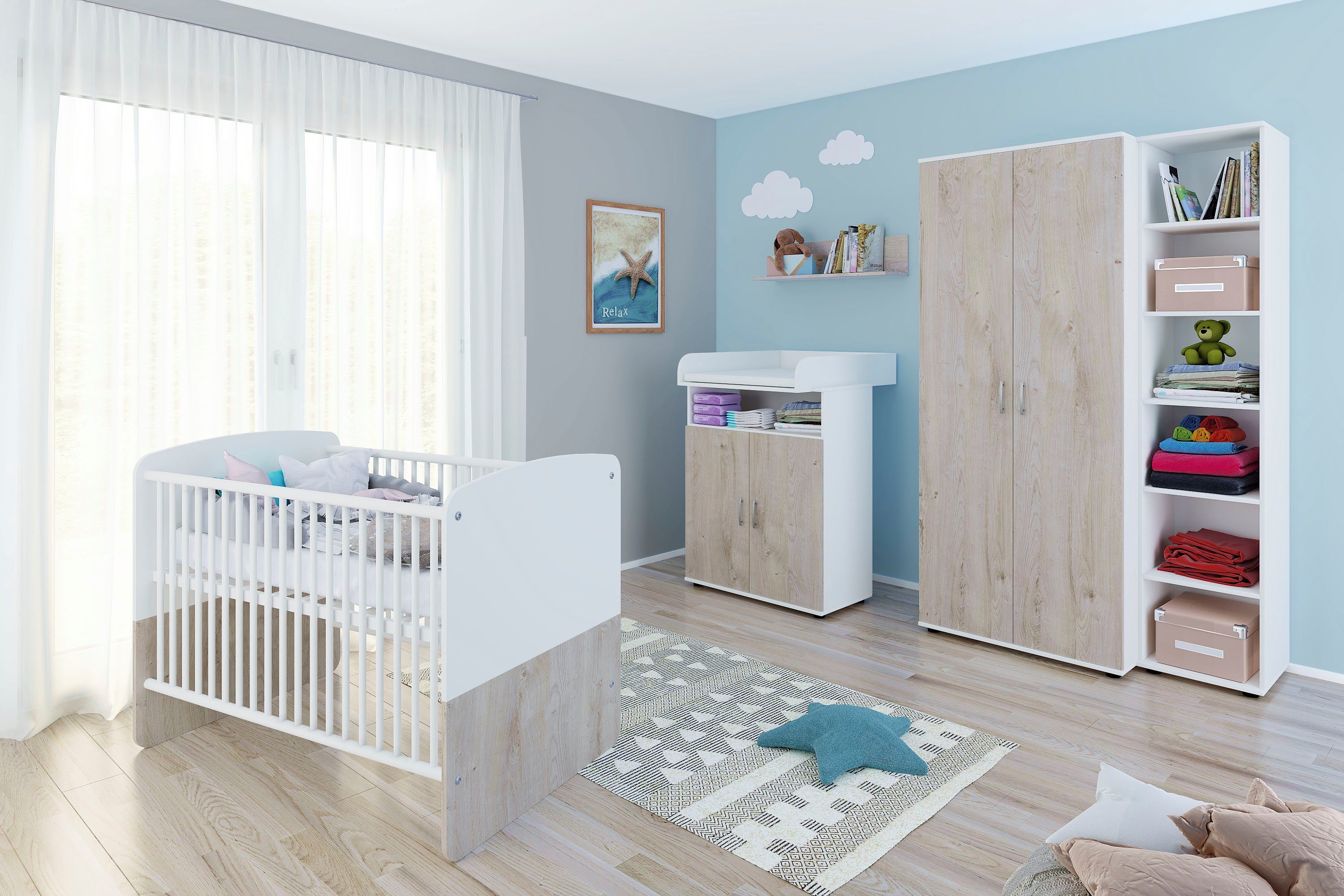 Lüttenhütt Babymöbel-Set, (Set aus: Wickelaufsatz, Kommode, Regal, Schrank), Kommode, Wickelaufsatz, Babybett, Babybett, Wandboard, Set Wandboard, Desmond Regal, Weiß/Eiche aus: Schrank