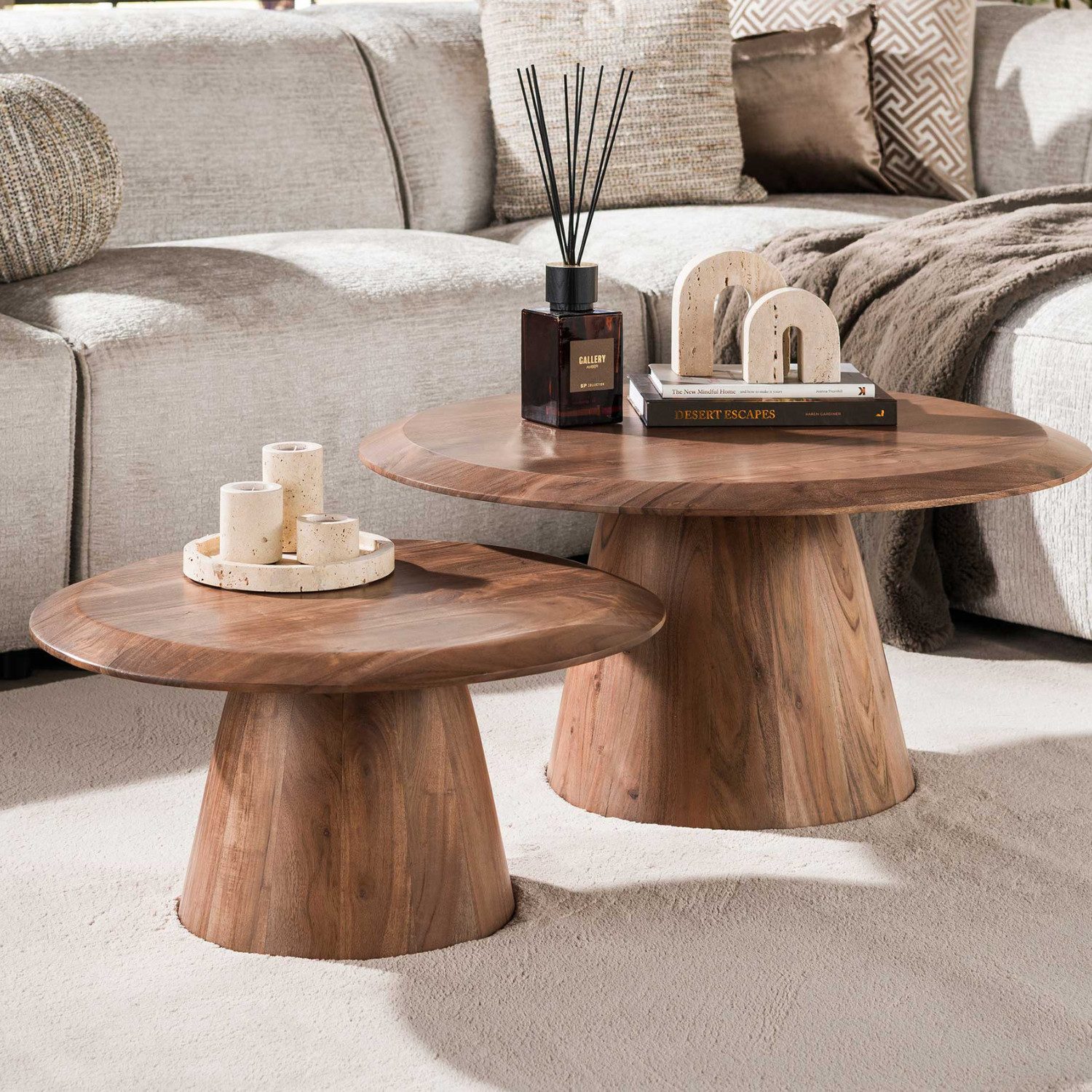 alesvelt Couchtisch Set TONDO 2-teiliges Massivholz-Duo mit konischem Säulenfuß (2er-Set), 80x40cm 60x31,5cm