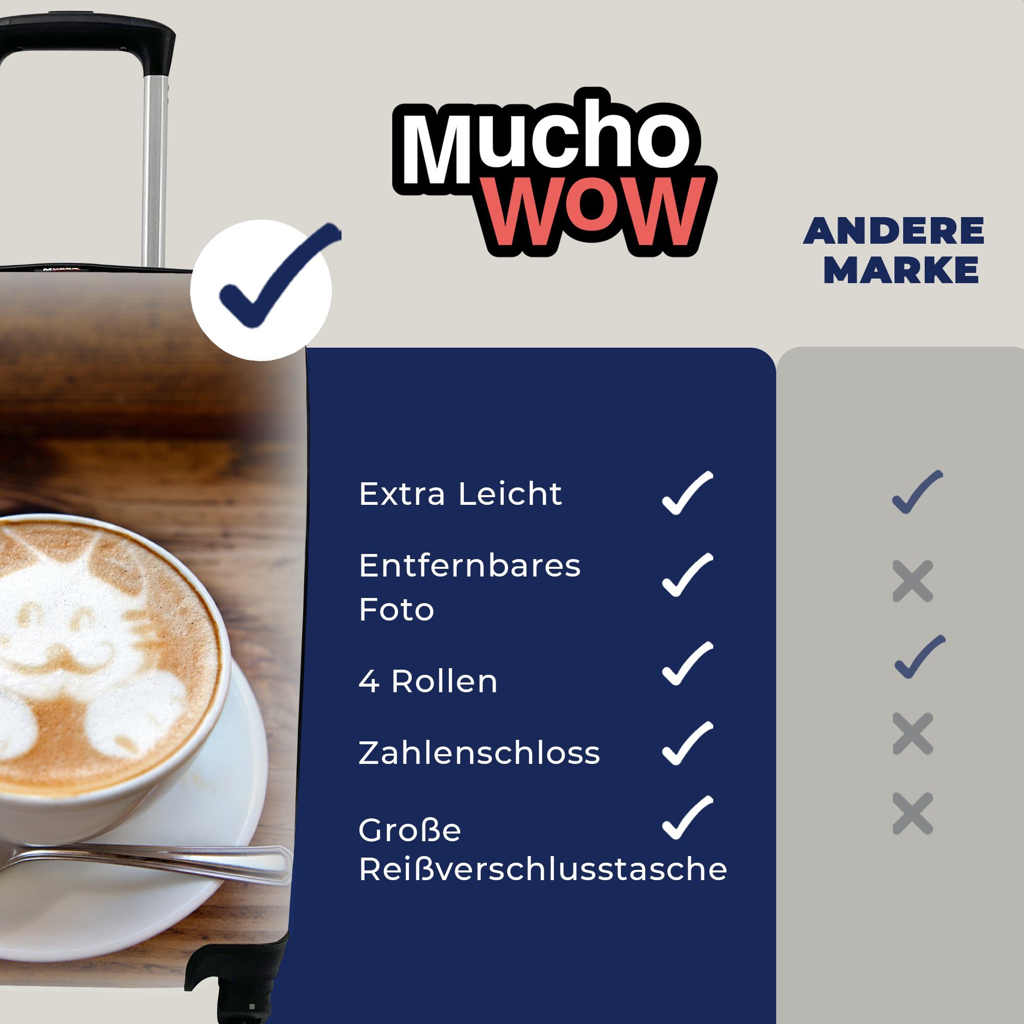 Ferien, MuchoWow als mit Reisekoffer eines 4 im Schaum Rollen, rollen, Handgepäckkoffer Handgepäck Trolley, ist für abgebildet, Katze Cappuccinos Art Reisetasche Latte Eine