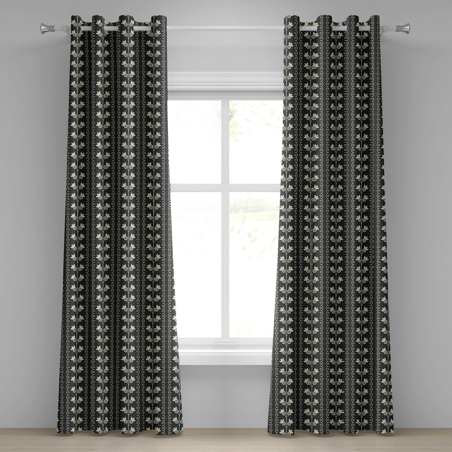 Gardine Dekorative 2-Panel-Fenstervorhänge für Schlafzimmer Wohnzimmer, Abakuhaus, Hellblau Frühlings-Blumen-Blatt | Fertiggardinen