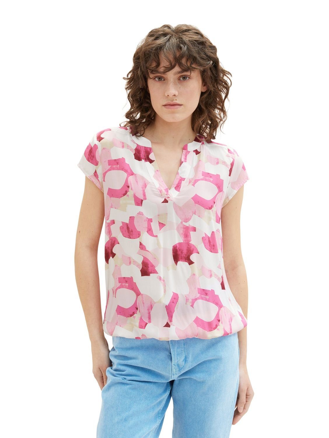 TOM TAILOR Blusenshirt PRINTED V-Neck (1-tlg) aus Viskose Pink shapes design 31803