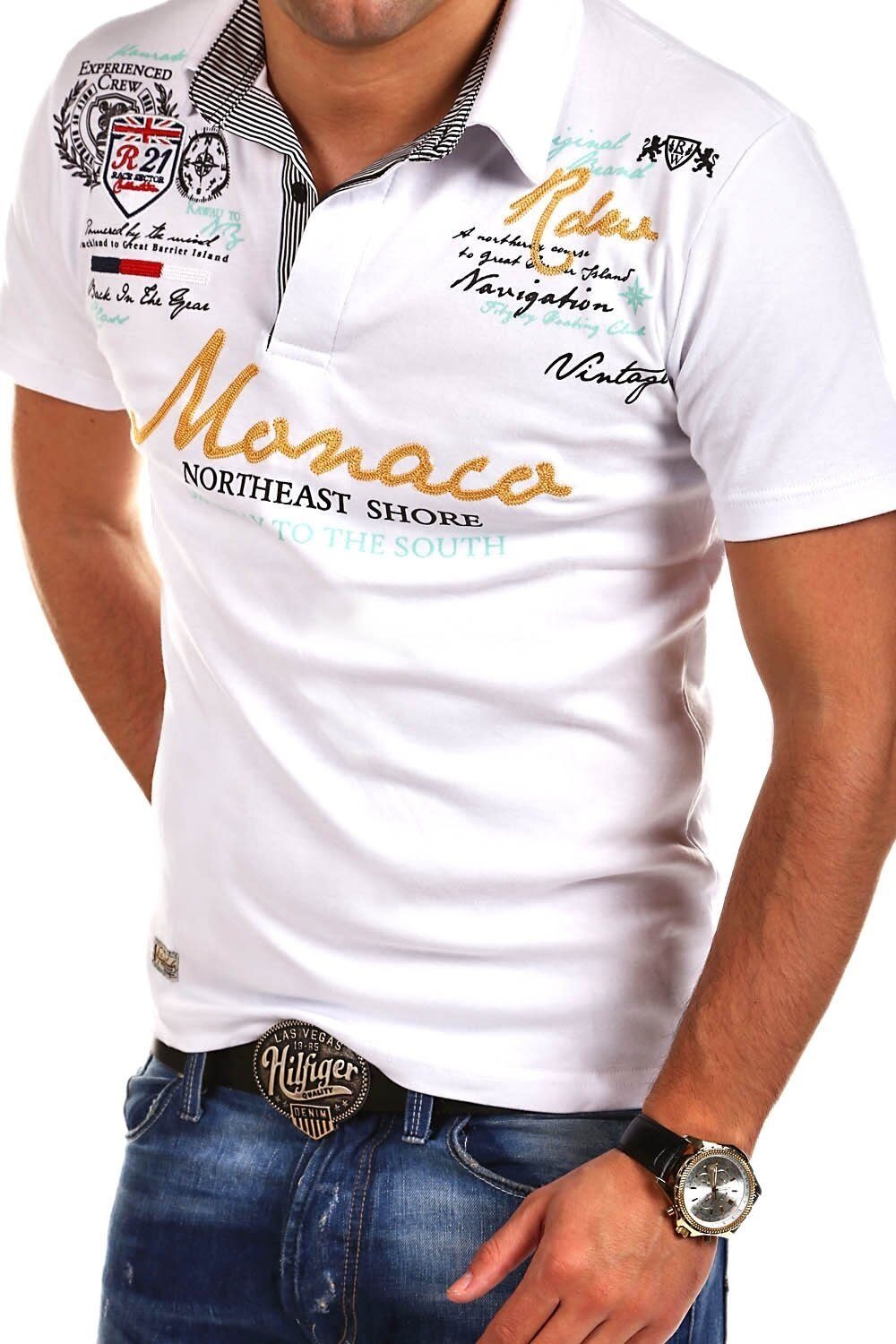 behype Poloshirt MONACO mit sportiven Patches & Prints weiß