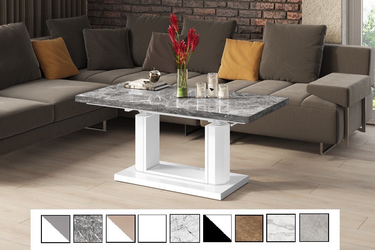 designimpex Couchtisch Design Couchtisch Tisch dunkel stufenlos aufklappbar Hochglanz HAC-111 höhenverstellbar - Marmor Weiß Hochglanz