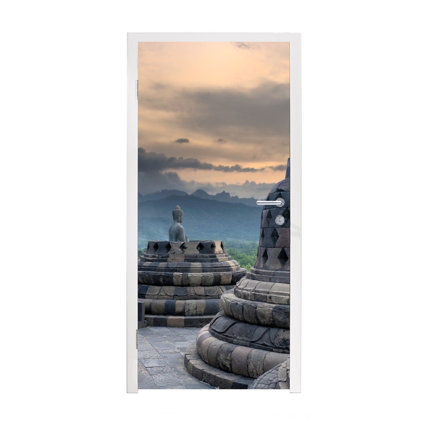Fototapete St), MuchoWow 75x205 Matt, Türtapete dem Türaufkleber, (1 für Borobudur-Tempel, cm bedruckt, Wolken Dunkle über Tür,