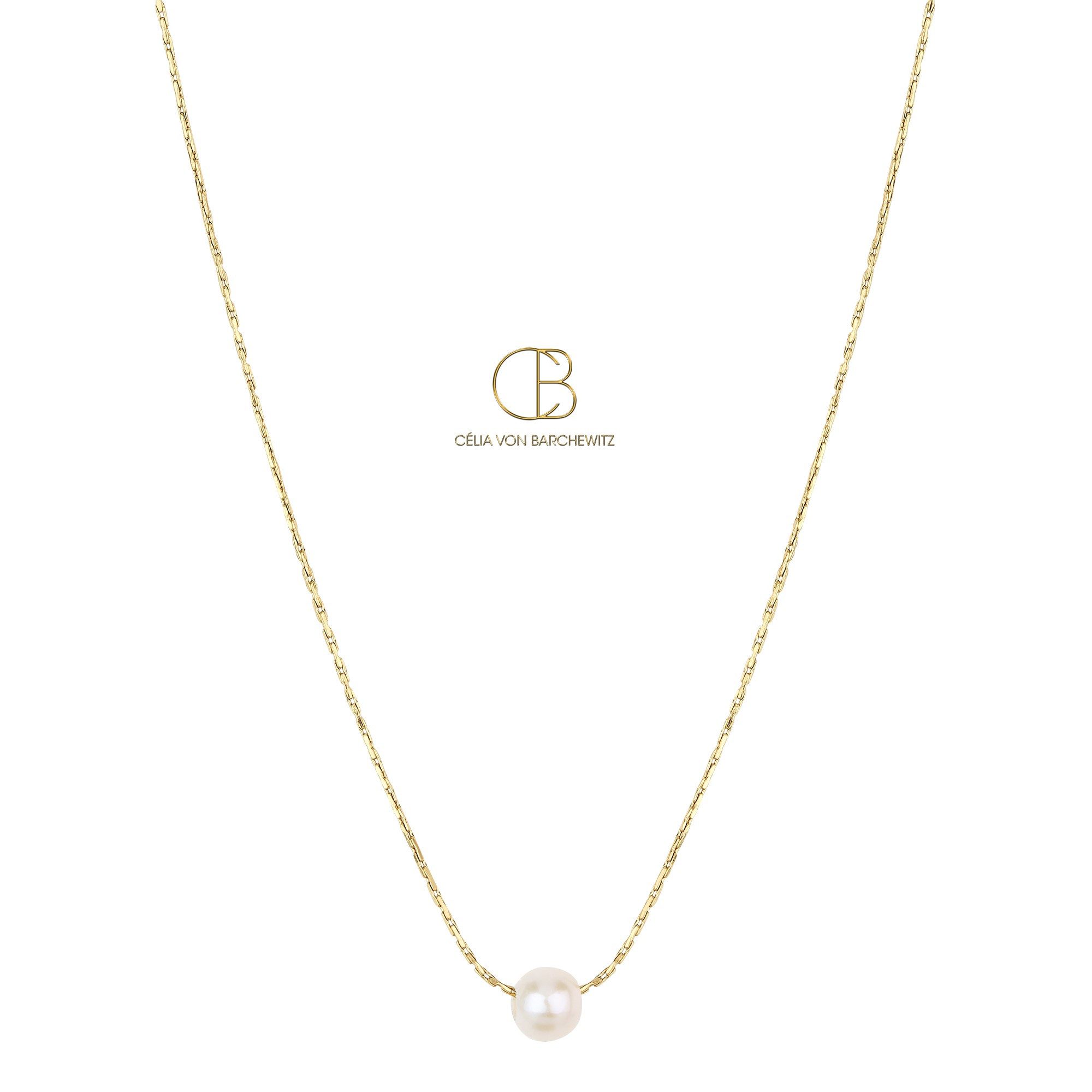 Célia von Barchewitz Perlenkette "PEARL PETITE" zarte Halskette kurz mit Perlenanhänger, 18k vergoldet, Länge von 44 - 49 cm verstellbar