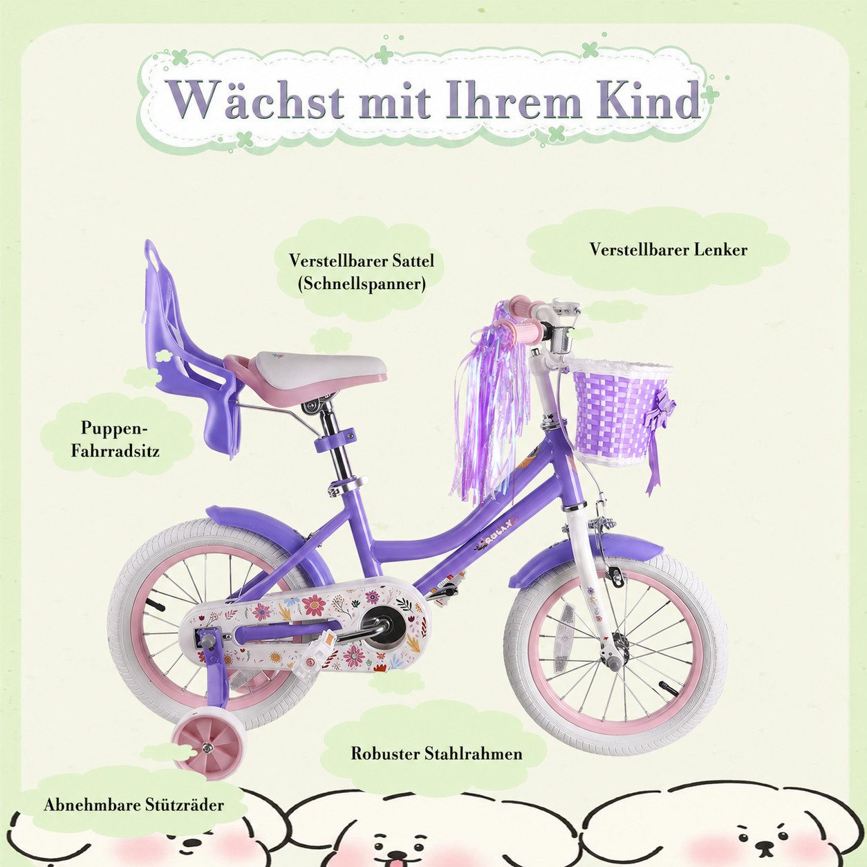 Vankel Kinderfahrrad 12/14/16/18 Zoll mit Stützrädern, 1 Gang, Mit Korb, Puppensitz & Kettenschutz