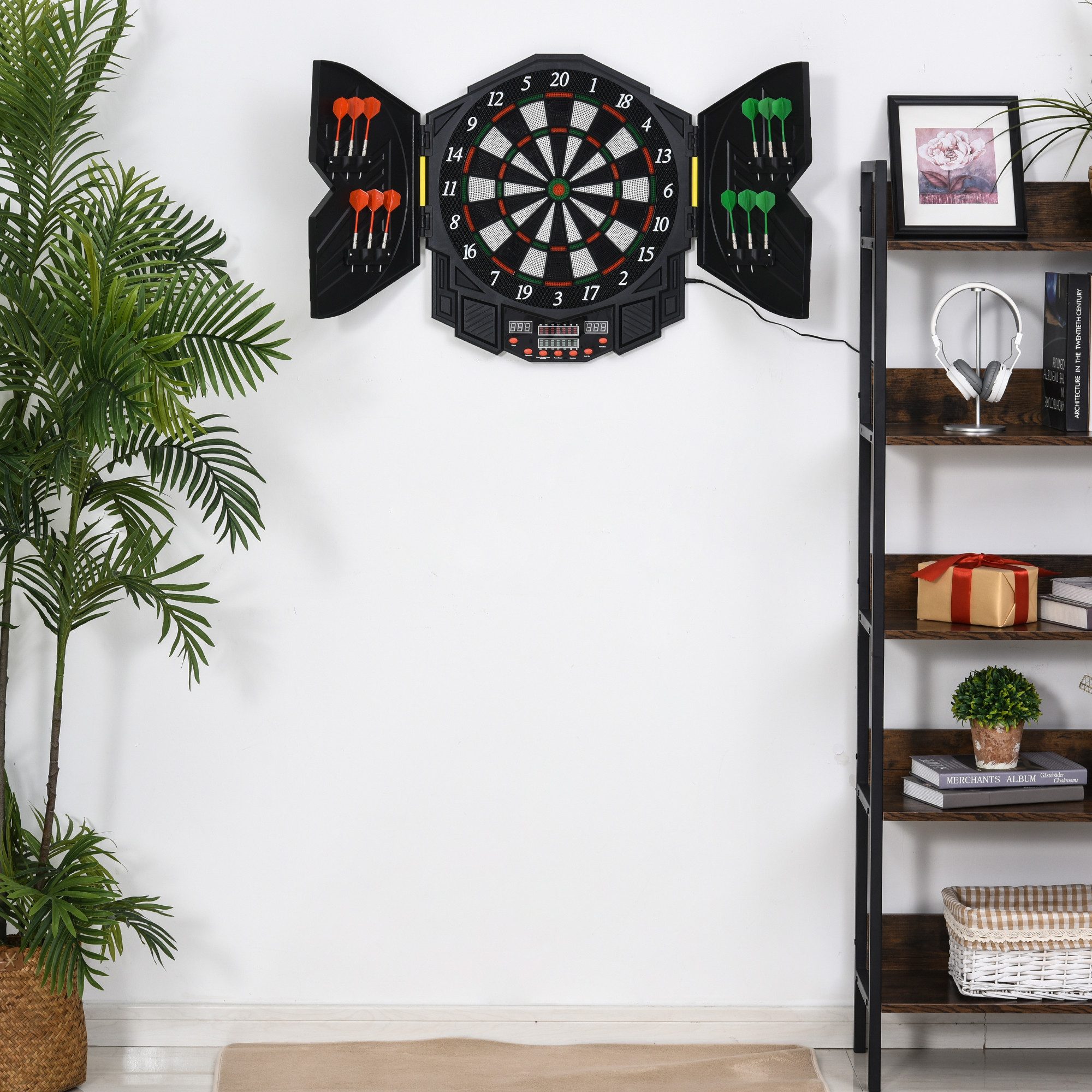 HOMCOM Dartscheibe mit Sprachansagen Englische Stimme LED-Anzeigen 12 Darts, (Dartspiel mit LCD-Anzeige, 1-tlg., Dartboard), Schwarz 49 x 54,6 x 5,5 cm