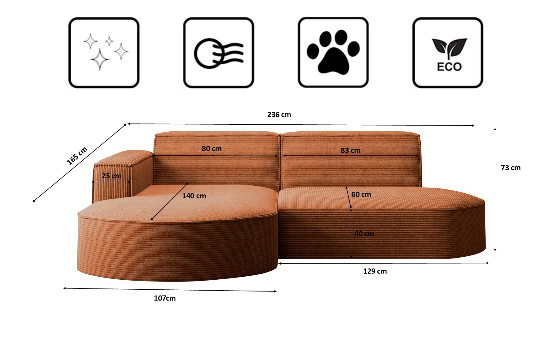 Kaiser Möbel Ecksofa Designer MODENA STUDIO L stoff Cord, Ecksofa, Cord Sofa, L-Form, Links/Rechts wählbar
