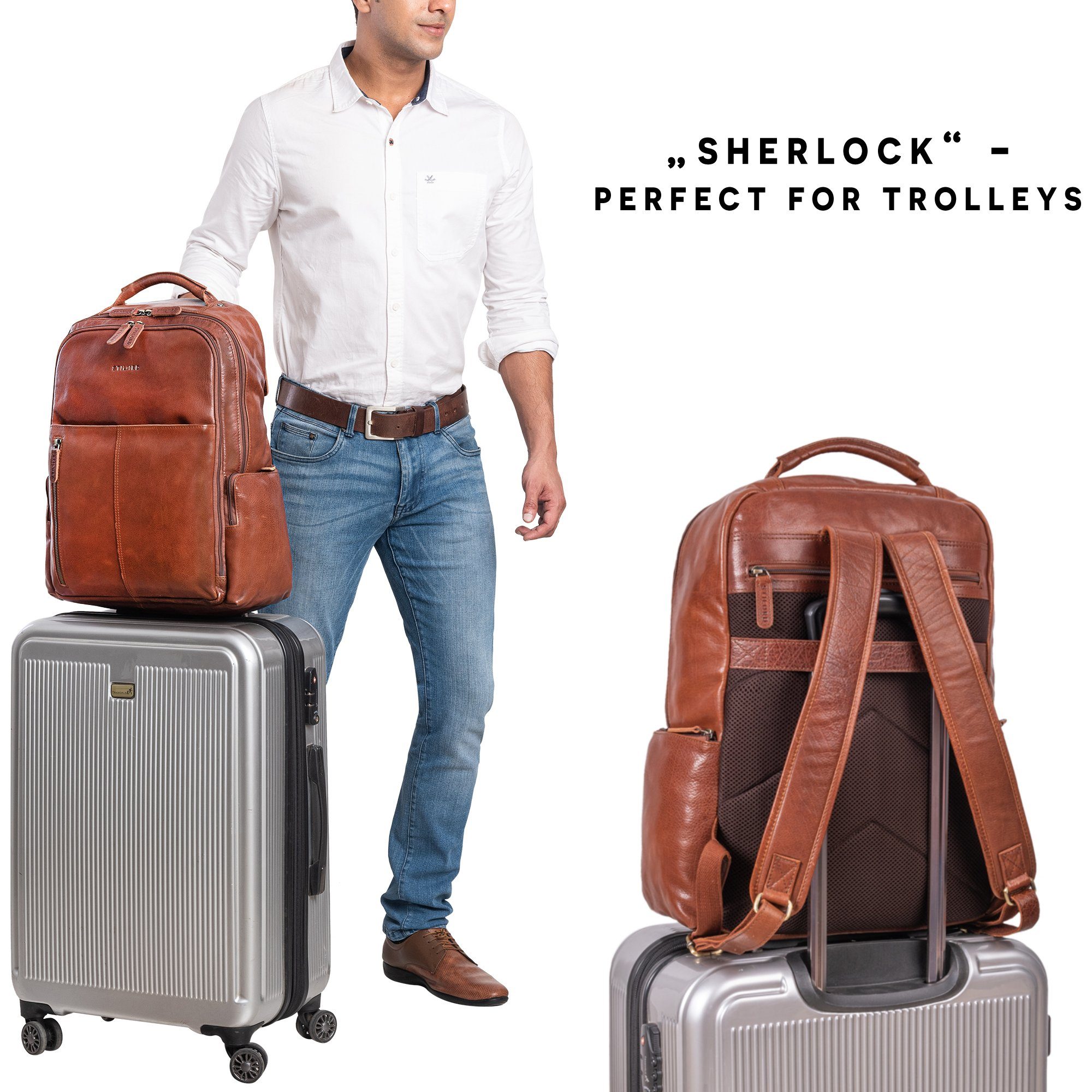 STILORD Notebook-Rucksack Zoll Vintage - braun 17 Leder Laptoprucksack maraska "Sherlock"