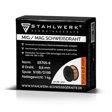 STAHLWERK Schweißdraht 0,6 mm MIG MAG ER70S-6 SG2 auf D100 Drahtrolle 1kg, Stahl, für Schweißgeräte mit 16 mm Spulendorn-Aufnahme