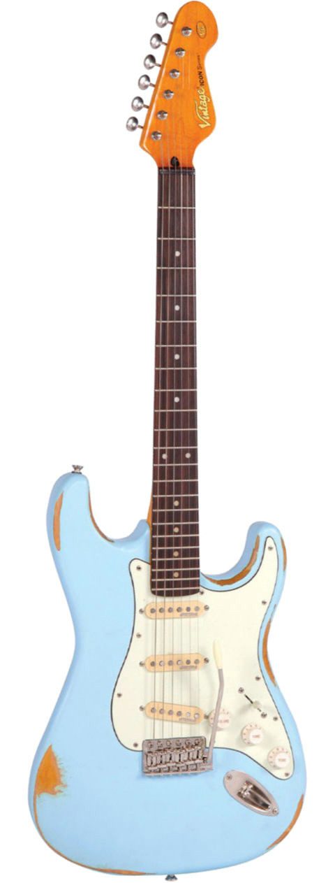 Vintage Guitars E-Gitarre Vintage Icon Series V6MRLB Distressed Laguna Blue, ST-Style