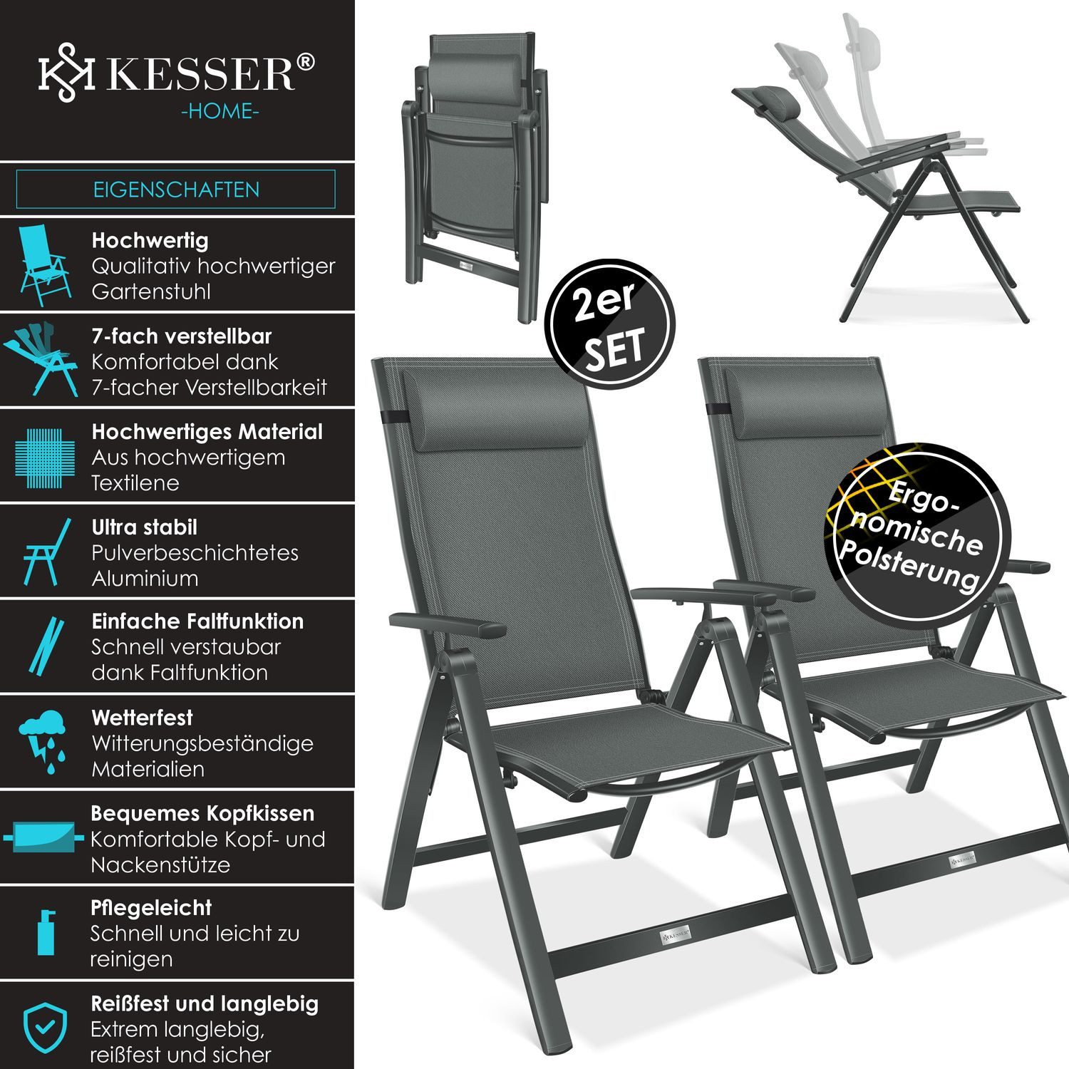 KESSER Gartenstuhl (2 St), Hochlehner mit Armlehnen Aluminium Klappstuhl günstig online kaufen