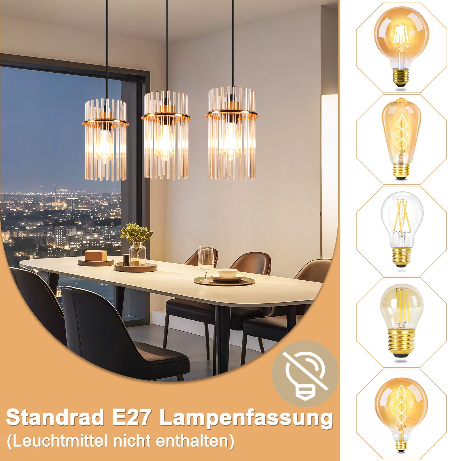 ZMH Pendelleuchte Esstisch Hängelampe 2/3/5 Flammig mit Glas & Metall E27, ohne Leuchtmittel, moderne Pendelleuchte höhenverstellbar für Esszimmer Bar, Hotel