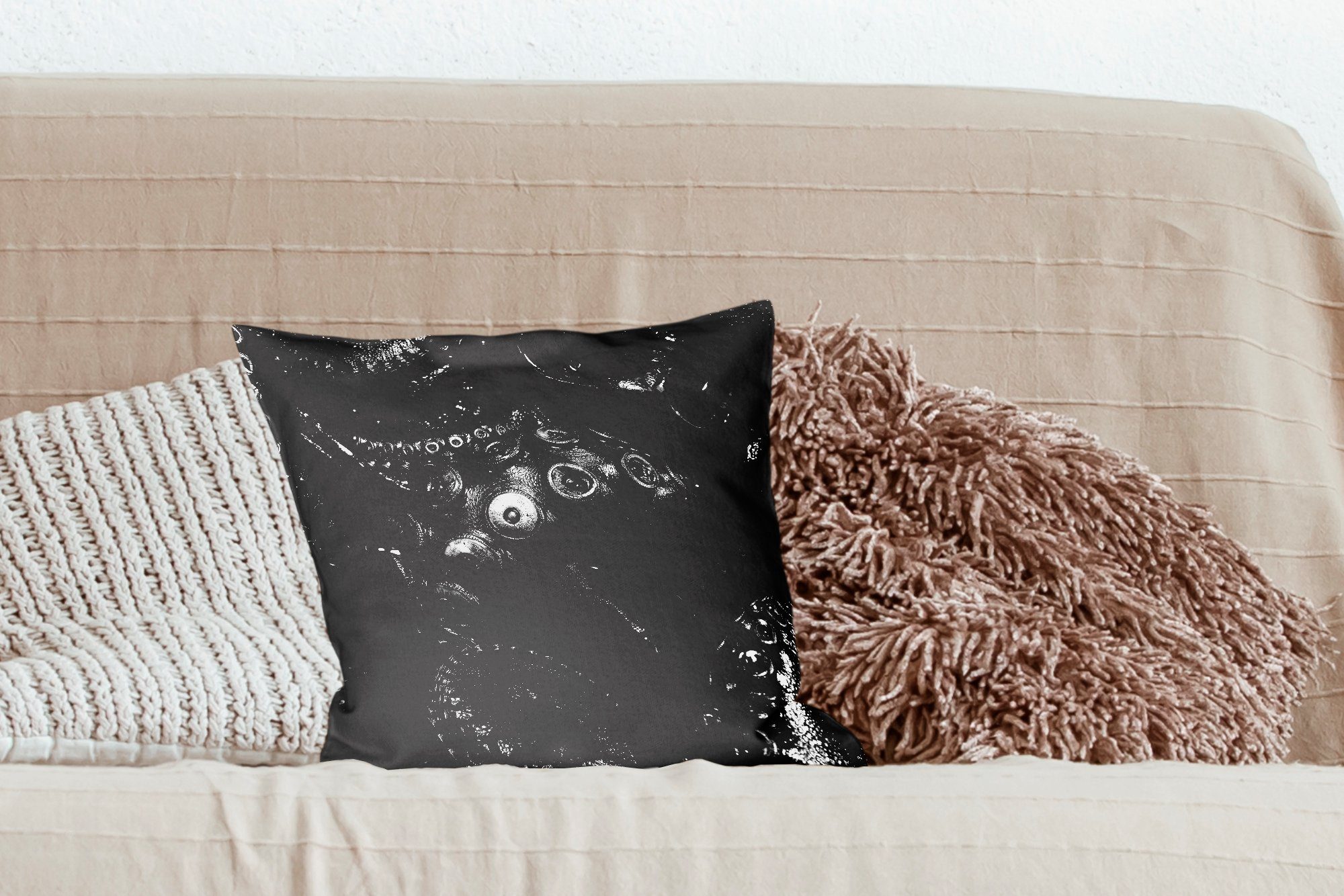 Nahaufnahme und für Zierkissen Wohzimmer, mit in Dekokissen Schlafzimmer, auf weiß, schwarzem Hintergrund Füllung Deko, Oktopus MuchoWow schwarz Sofakissen