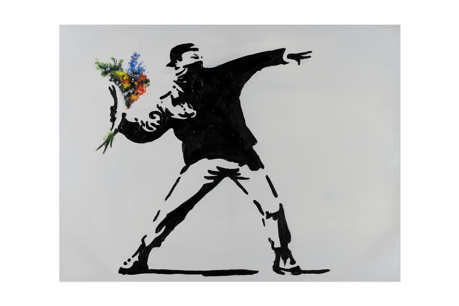 Wandbild HANDGEMALT Wohnzimmer Attack cm, KUNSTLOFT Gemälde Banksy's 100x75 Leinwandbild Flower 100%