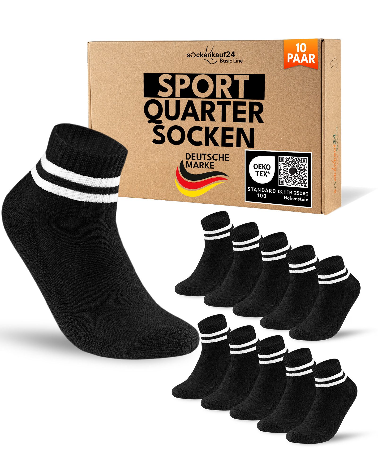 sockenkauf24 Sportsocken 10 Paar kurze Tennissocken Quarter Sportsocken Herren Damen Baumwolle (10-Paar) verstärkte Ferse & Fußspitze, gepolsterte Sohle, Atmungsaktiv
