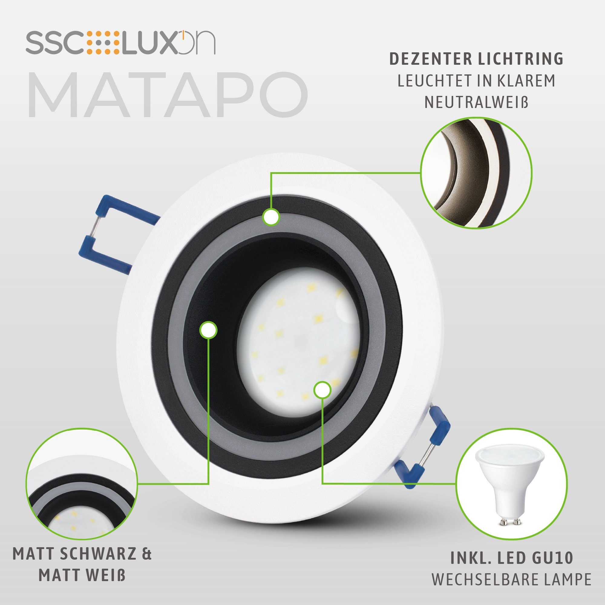 Einbaustrahler Leuchtmittel Design LED Neutralweiß schwarz LED Einbauspot GU10 Matapo weiss 5W, mit SSC-LUXon