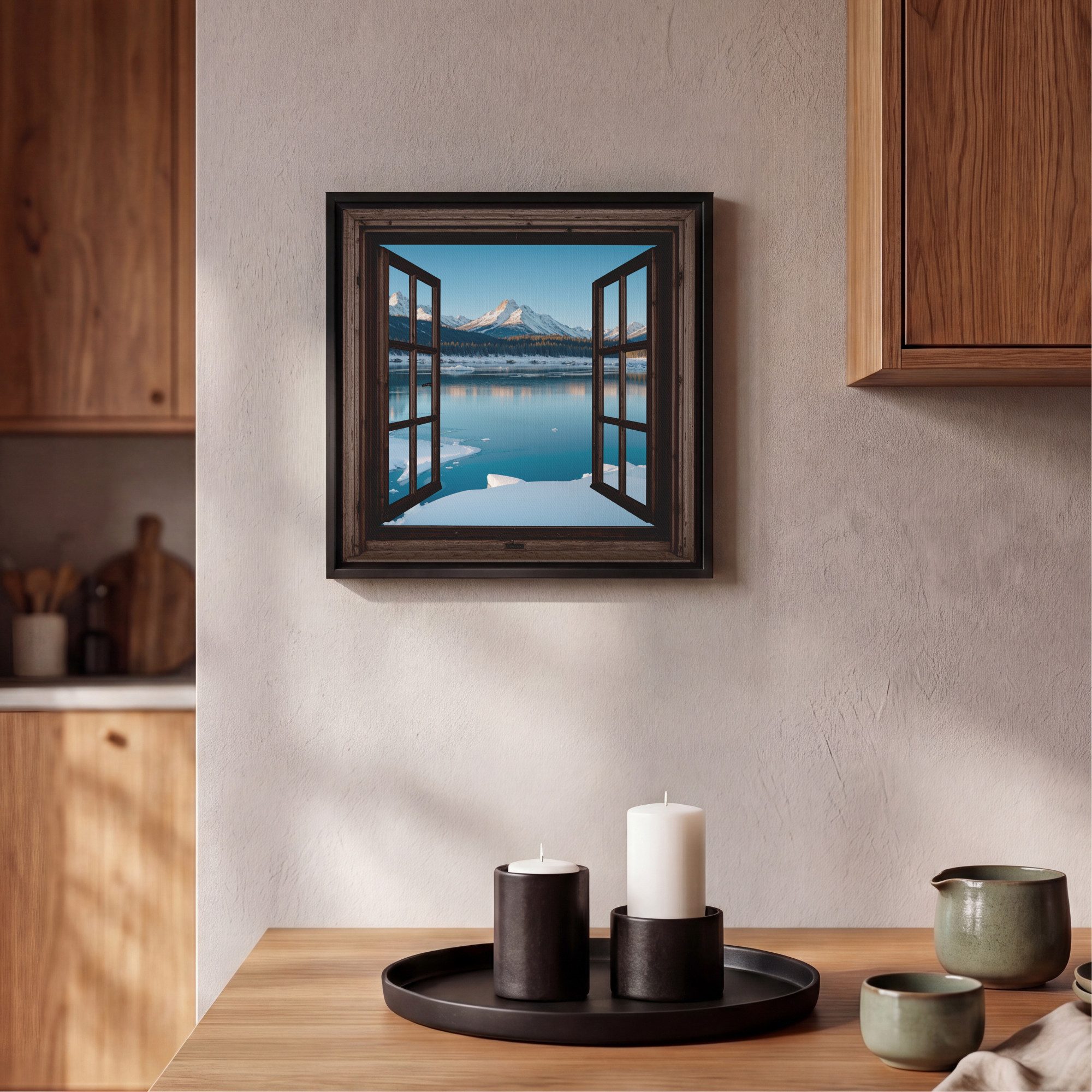 OneMillionCanvasses® Leinwandbild mit Rahmen - Durchblick - Winterlandschaft - See - Berge - Ausblicke, Fotodruck (1 St), Leinwand Bilder Klein, Wand Dekoration Aesthetic 20x20cm