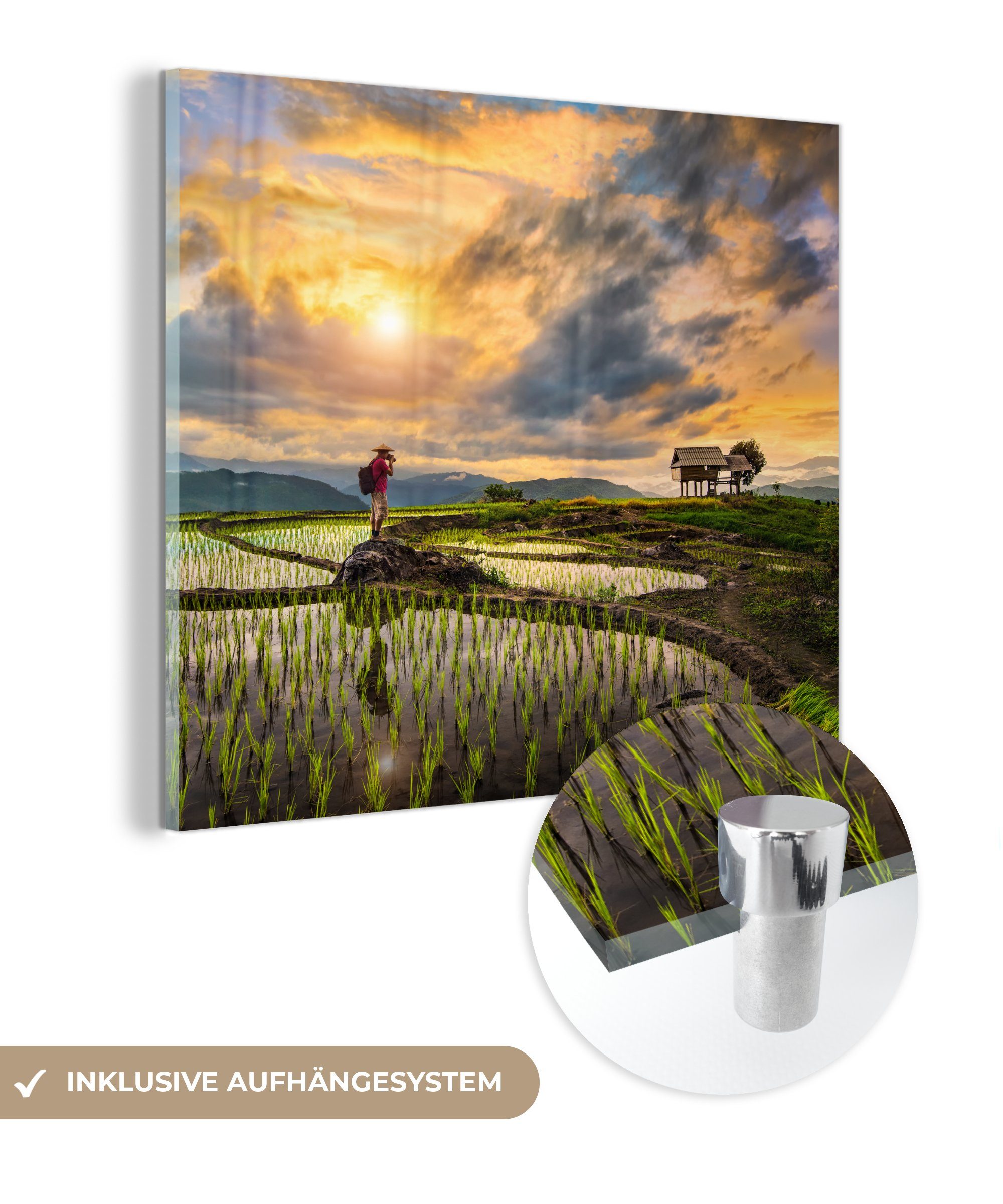 MuchoWow Acrylglasbild Die wunderschönen Reisfelder Thailands unter einem farbenprächtigen, (1 St), Glasbilder - Bilder auf Glas Wandbild - Foto auf Glas - Wanddekoration