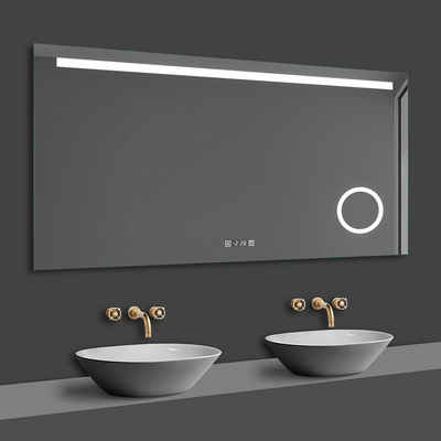 duschspa Badspiegel 80-140cm Kaltweiß, Uhr, Touch, Beschlagfrei energiesparend, 3x Vergrößerung LED Schminkspiegel