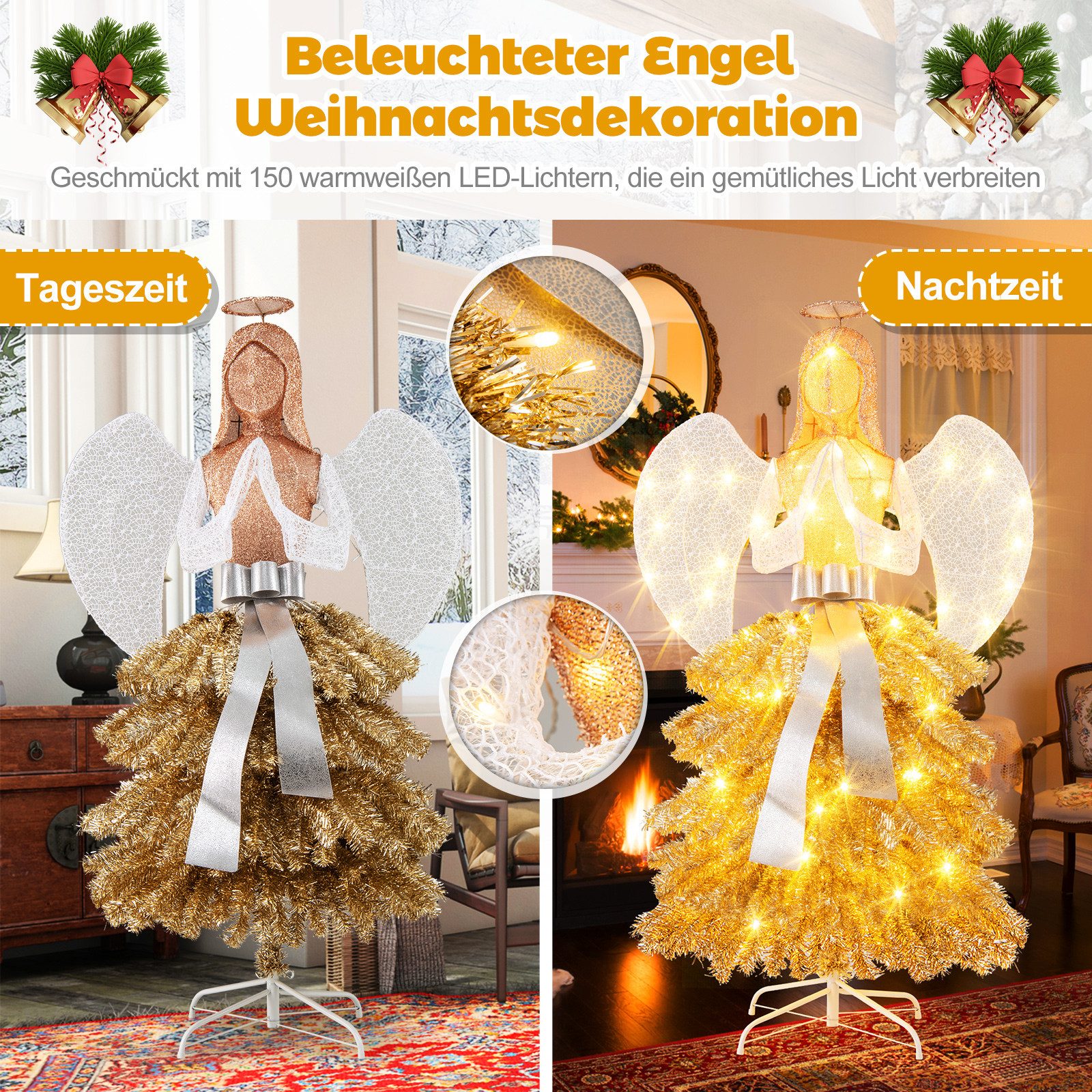 COSTWAY Weihnachtsfigur, Weihnachtsbaum mit Engelsfigur, LED, 157cm hoch
