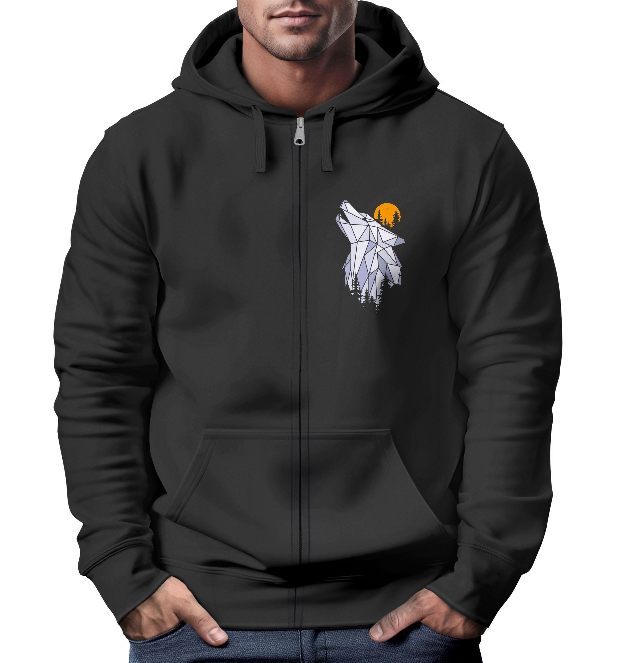Sweatjacke Zip-Hoodie Herren Polygon Wolf Wald Sweatjacke Kapuze Print Outdoor