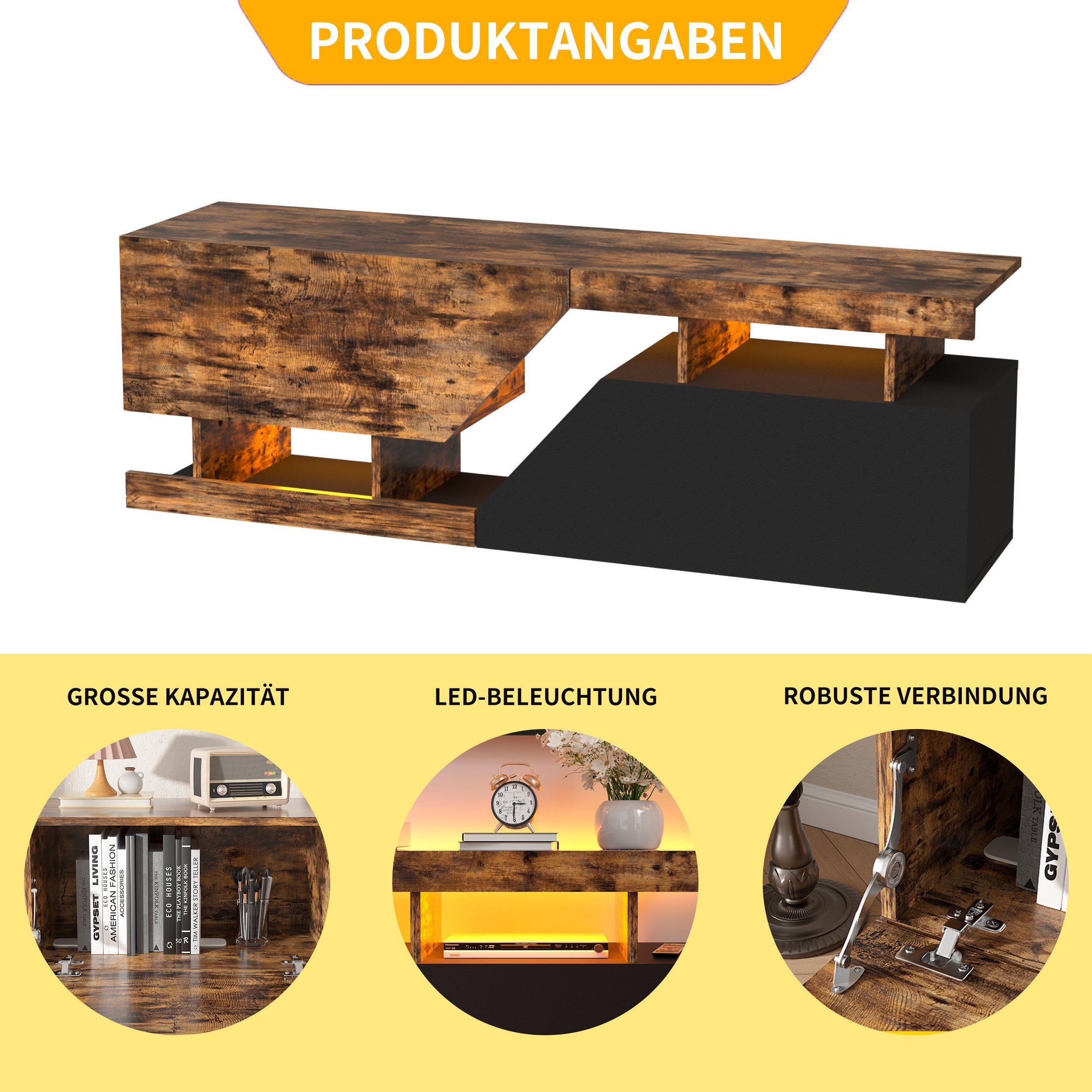 TWSOUL TV-Schrank 140 cm breit – modernes Lowboard mit Stauraum & RGB-Beleuchtung, für Fernseher bis 65 Zoll, modernes TV-Lowboard fürs Wohnzimmer