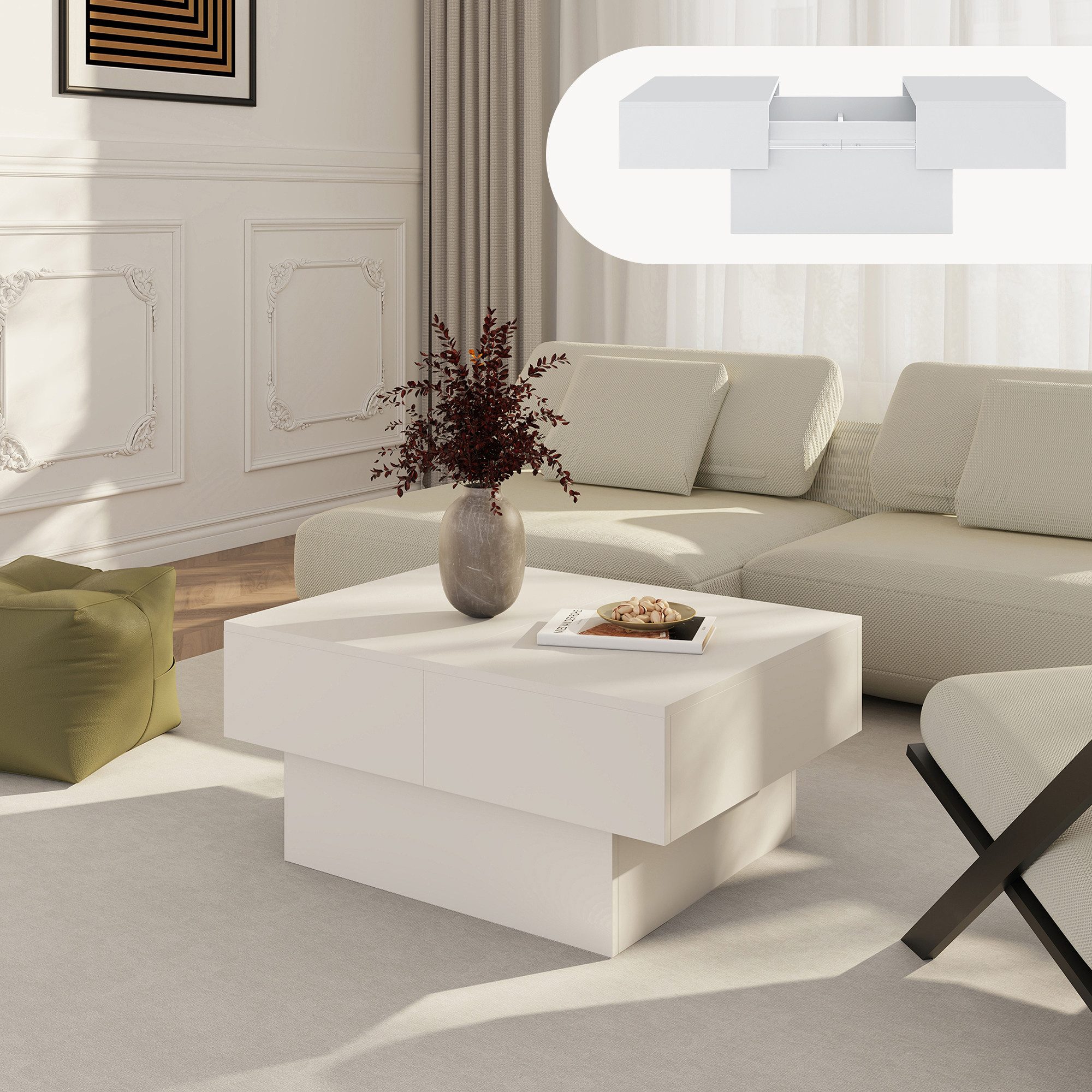 en.casa Couchtisch, ausziehbar »Lens« mit Stauraum 80x60x36 cm Weiß