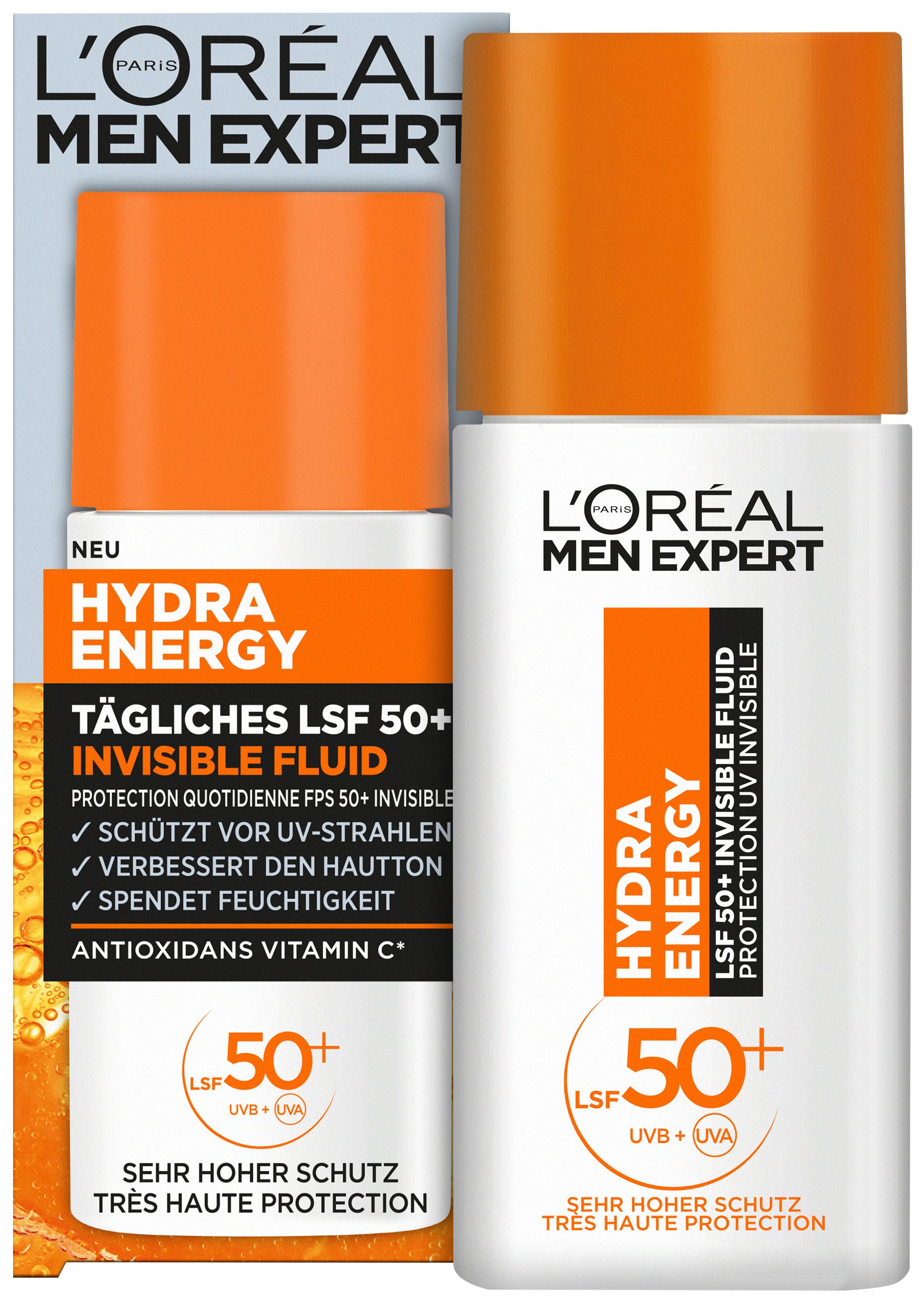 L'ORÉAL PARIS MEN EXPERT Gesichtsfluid HYDRA ENERGY TÄGLICHES LSF 50+ INVISIBLE FLUID, Beugt sonnenbedingte Hautalterung vor, fettet und klebt nicht.