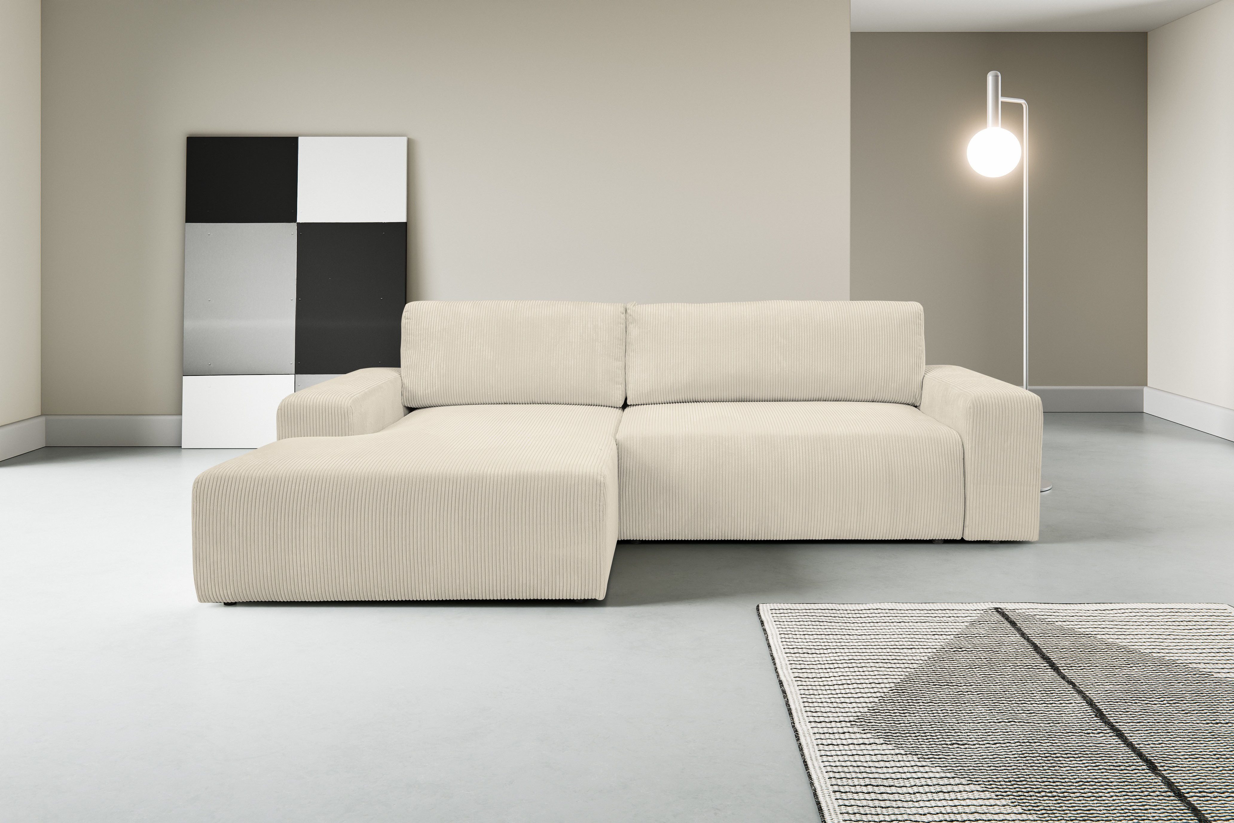 WERK2 Ecksofa Rotterdam-L 267 x 165 cm modern & bequem, mit Bett und Bettkasten, Cord, L-Form, Schlaffunktion, Bettkasten