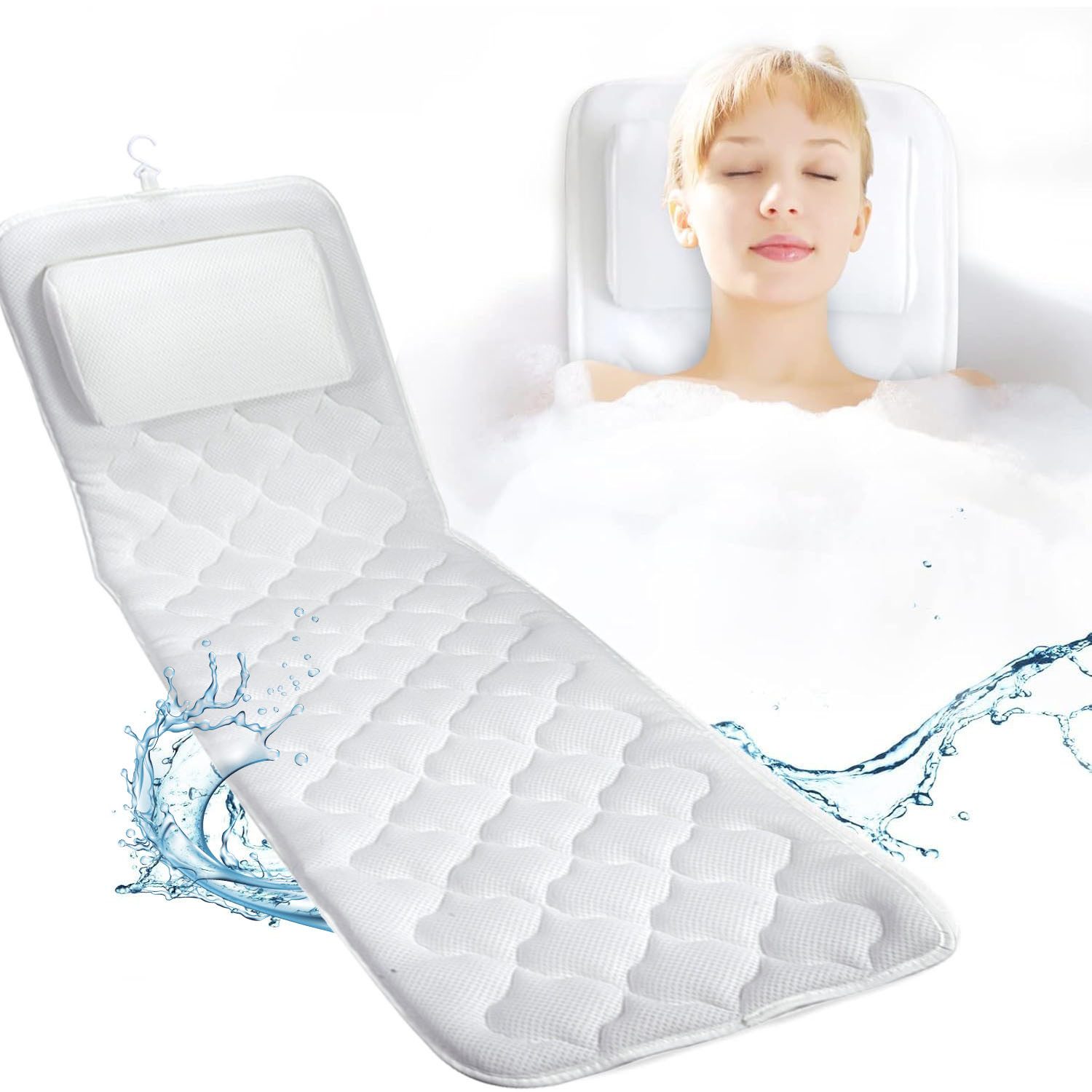 Refined Living Badewannenkissen 125x41cm Badewannenmatte mit Kopfstütze, 4D-Air-Mesh & 13 Saugnäpfen, Duschmatten Luxus Badewannenkissen mit Aufhängehaken, Spa Badekissen, 1-tlg., Ganzkörper Badewannenzubehör mit Nacken- und Rückenstütze, rutschfest, Schimmelresistent, Ergonomisches Kopfkissen Badewanne, Badaccessoires