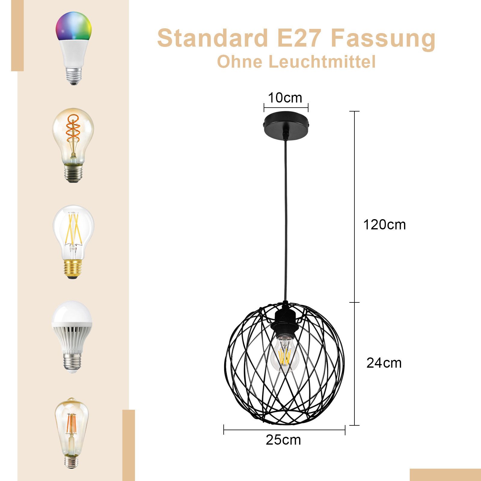 ZMH Pendelleuchte Esszimmer 120CM Schwarz Retro Käfig Gitter E27 Hängeleuchte Flur, ohne Leuchtmittel, Rund, 1 Flammig Retro Esstischlampe Wohnzimmer Treppenhau – Bild 2 von 5