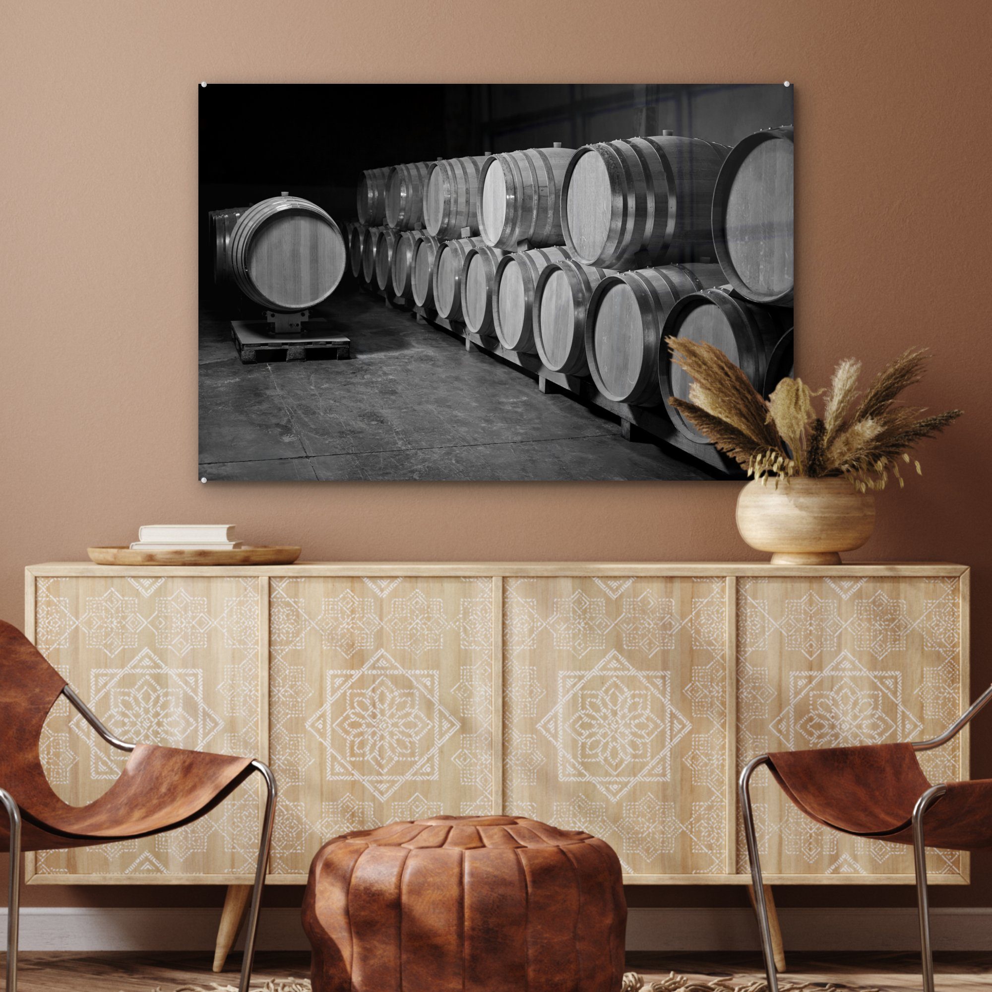 Acrylglasbilder (1 & und, MuchoWow aus französischer voll Acrylglasbild Eiche schwarz Weinfässern Weinkeller St), Schlafzimmer mit Wohnzimmer -