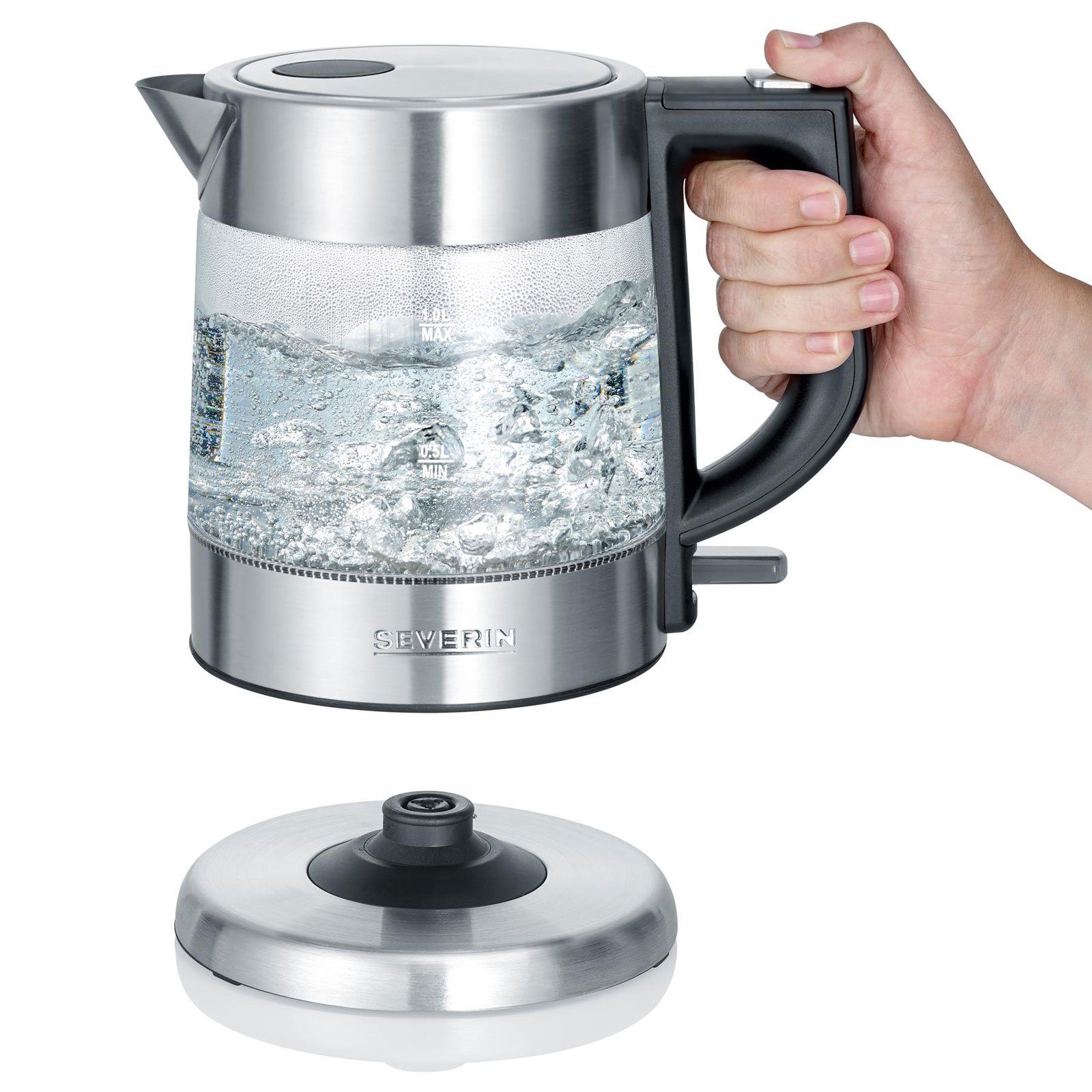 Severin Wasserkocher WK 3468 Glas-Wasserkocher, 2200 W, 360° central-cordless-system, 1-Hand-Bedienung,Kompakt – Bild 2 von 5