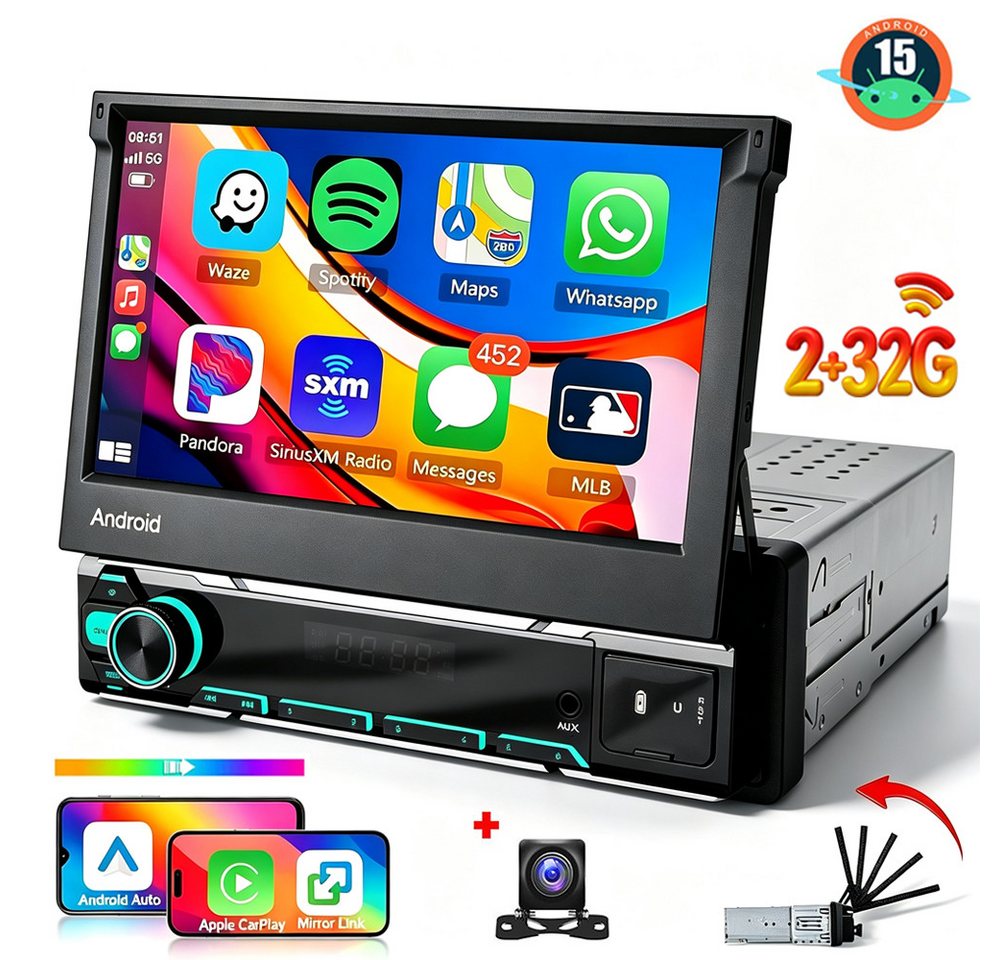 ESSGOO DAB+ 4+64G 1 DIN 7 Zoll Flip Out Android 15 Carplay Autoradio GPS WIFI Autoradio (Apple Carplay Android Auto GPS Navi WIFI BT EQ)