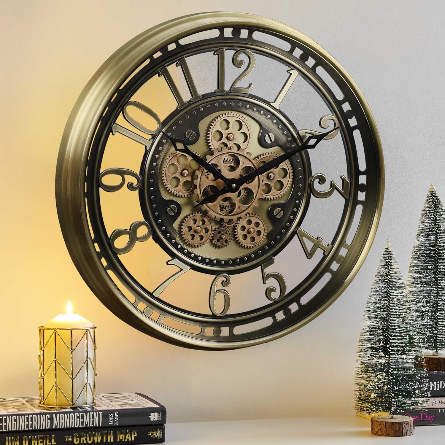 Uhr Wanduhr mit echtem Bewegungsgetriebe Zahnrädern in Gold